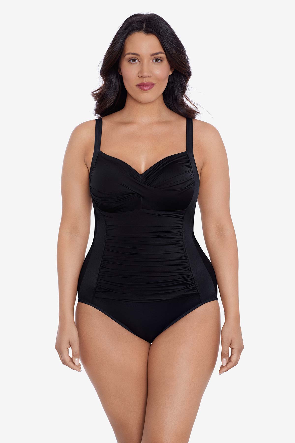 Woman wearing a black one-piece swimsuit
