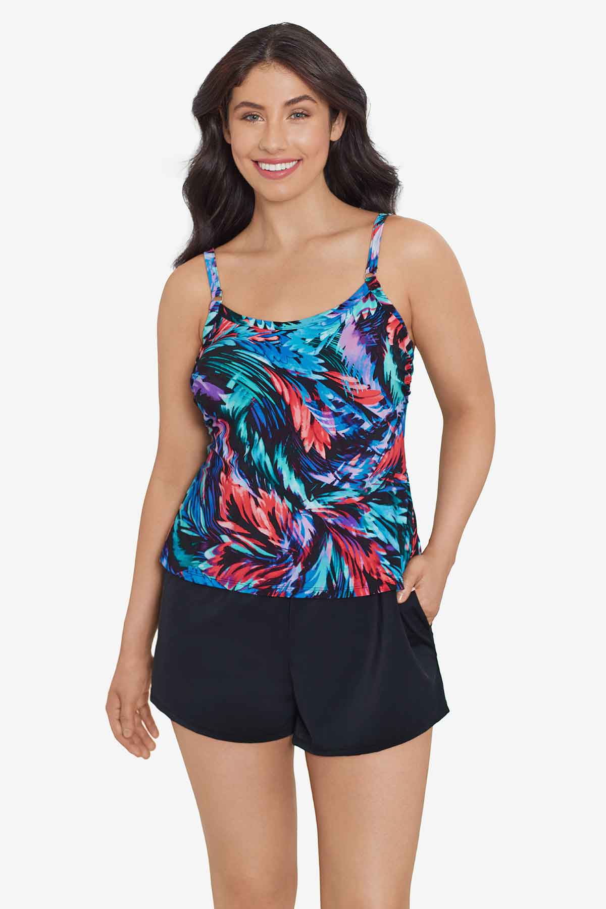 Woman wearing a multicolored feather pattern swim romper