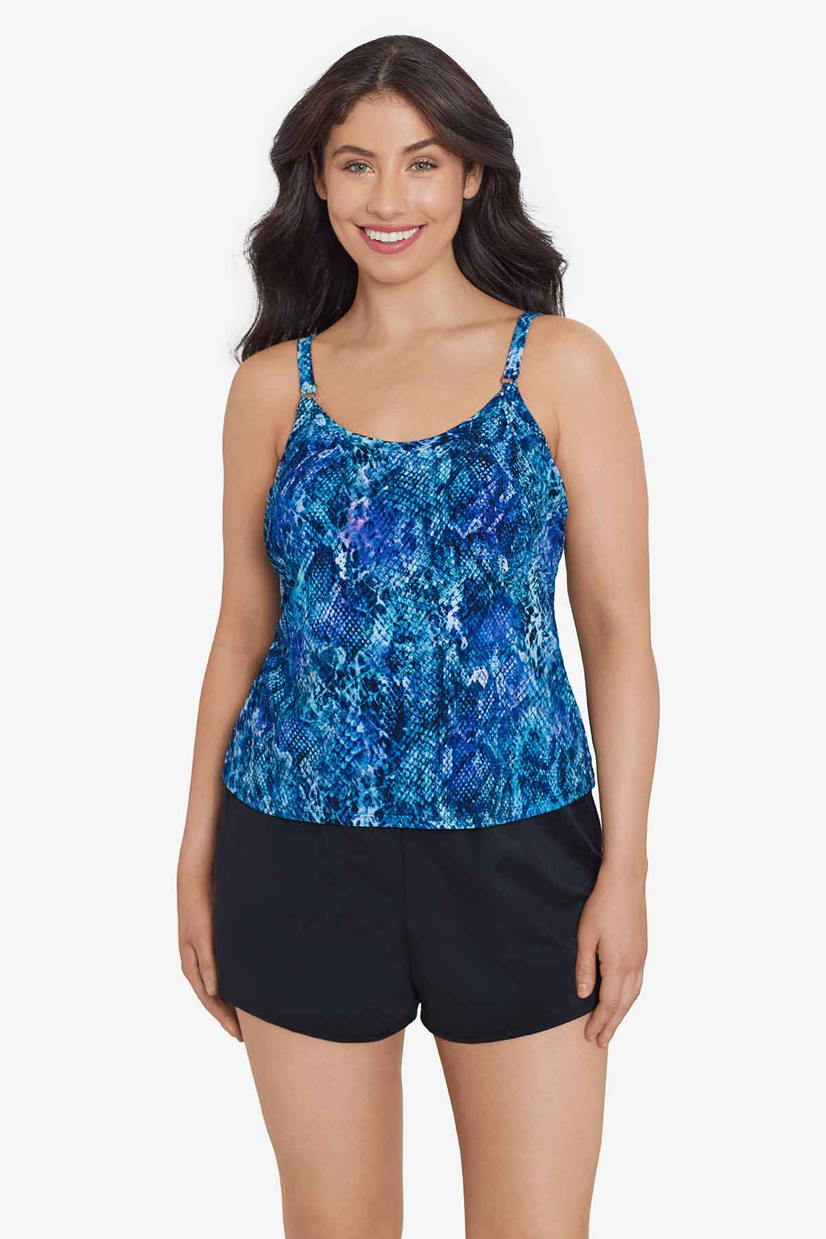 Woman wearing a blue abstract printed swim romper