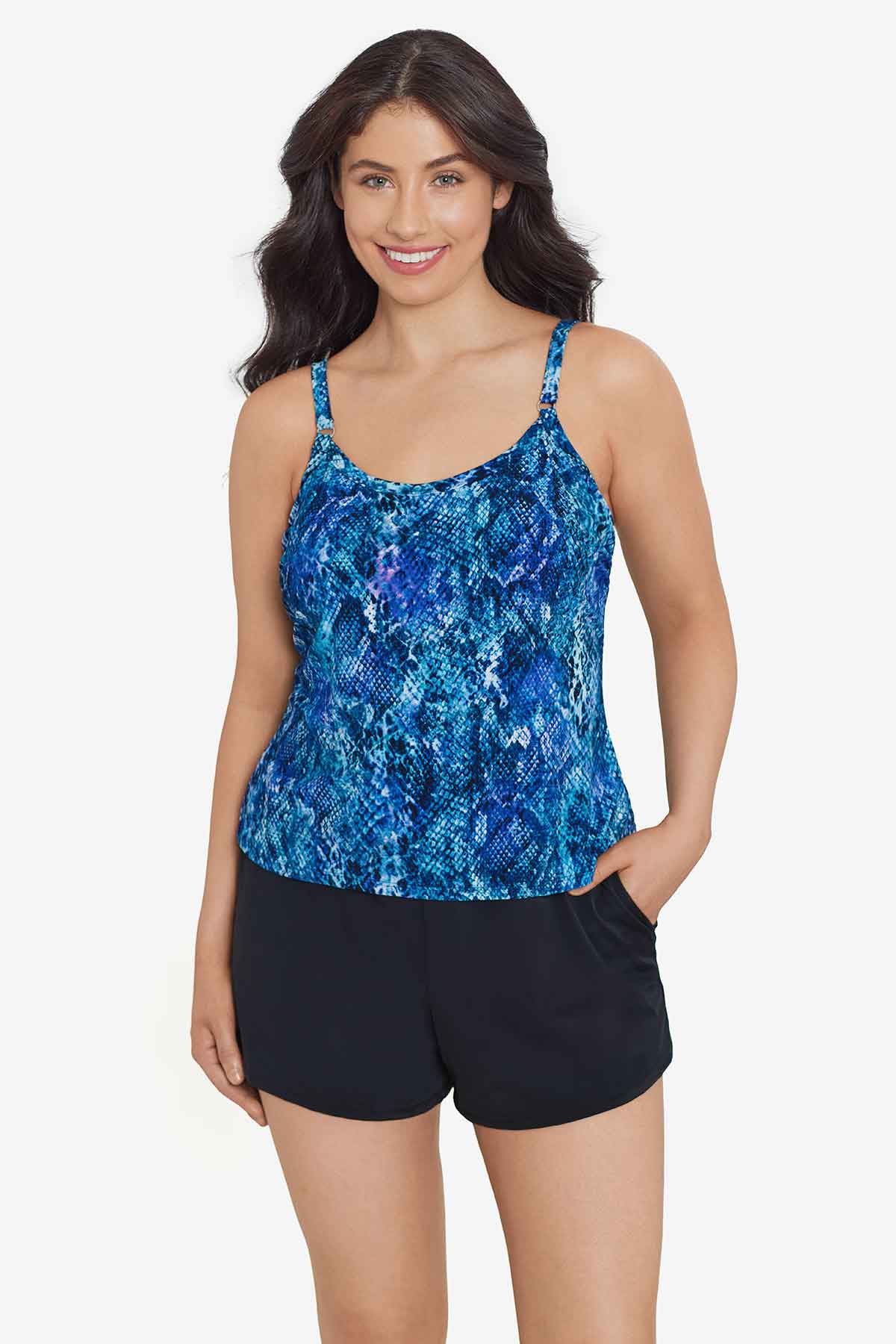 Woman wearing a blue abstract printed swim romper