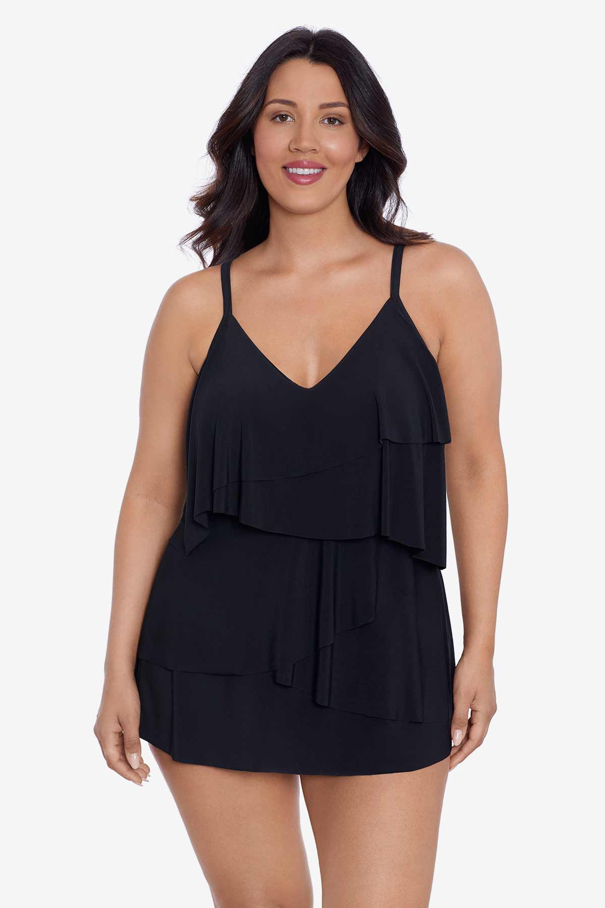 Woman wearing a black ruffle swim dress