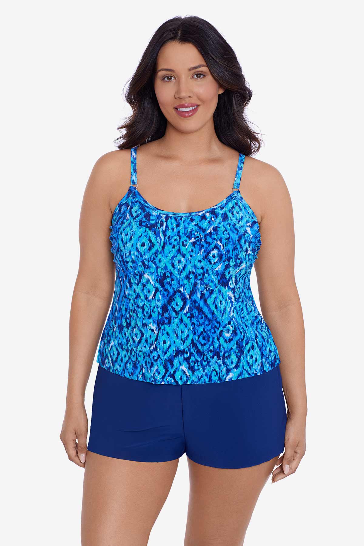 Woman wearing a blue diamond printed swim romper