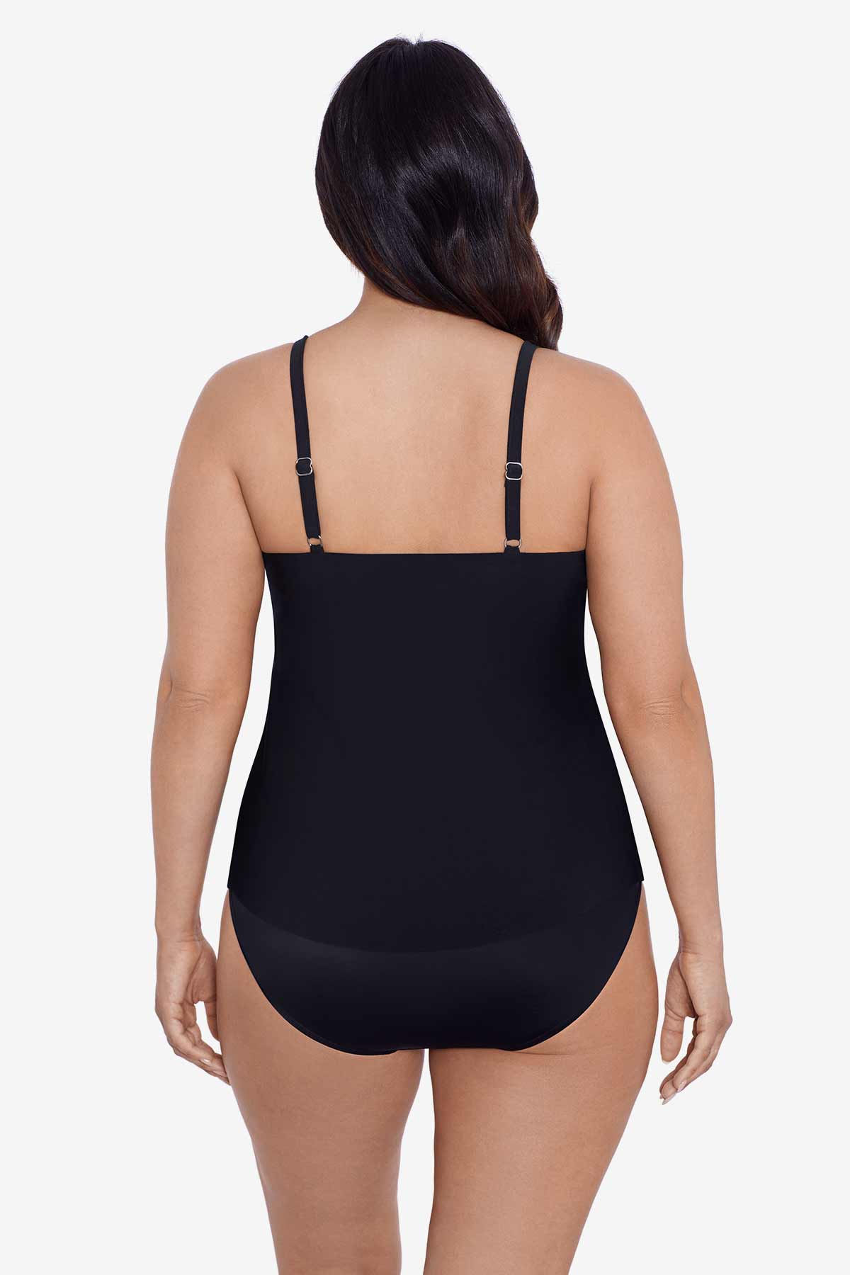 Woman faced away wearing a black tankini top