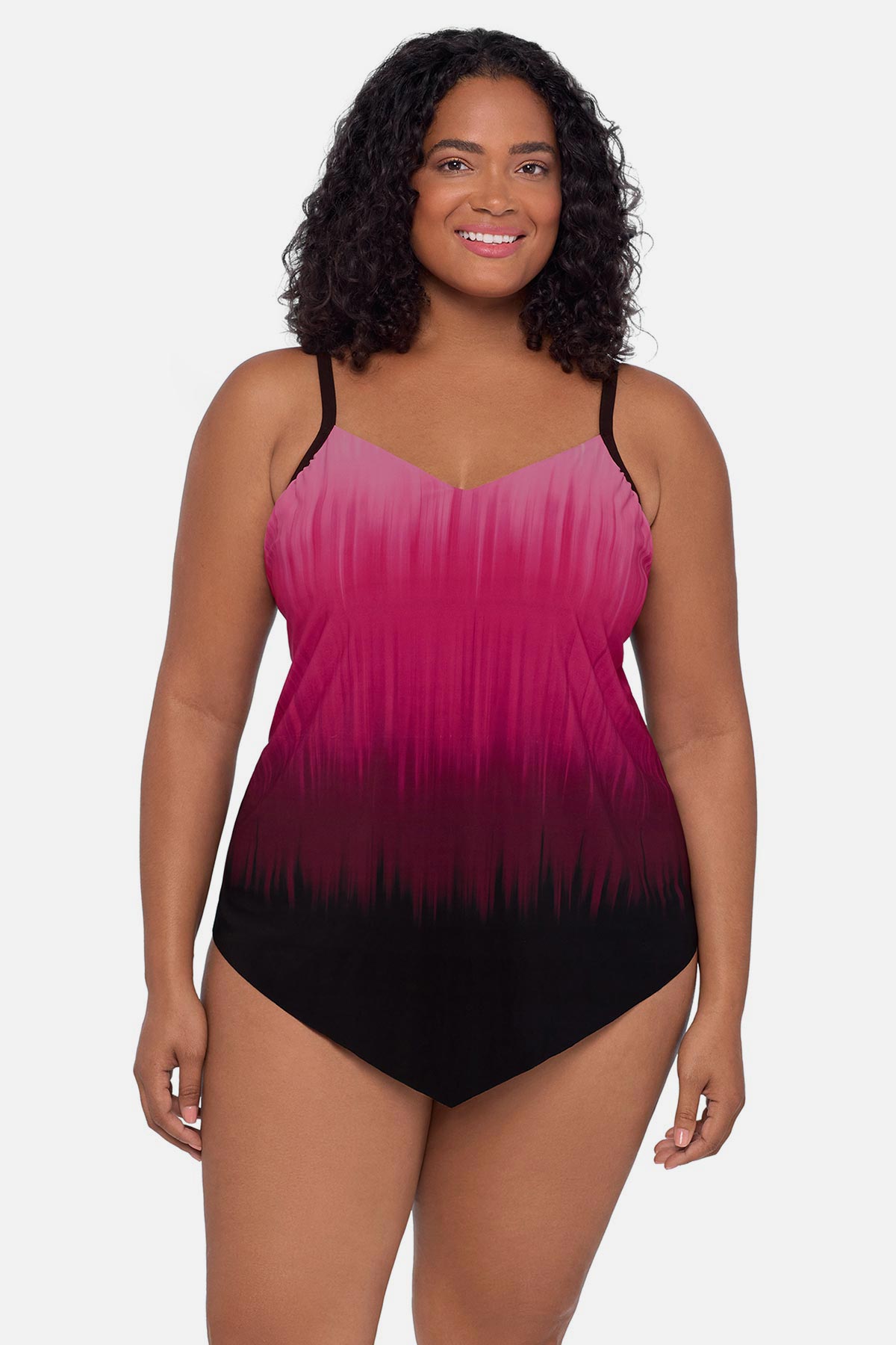 Woman wearing a pink ombre tankini top