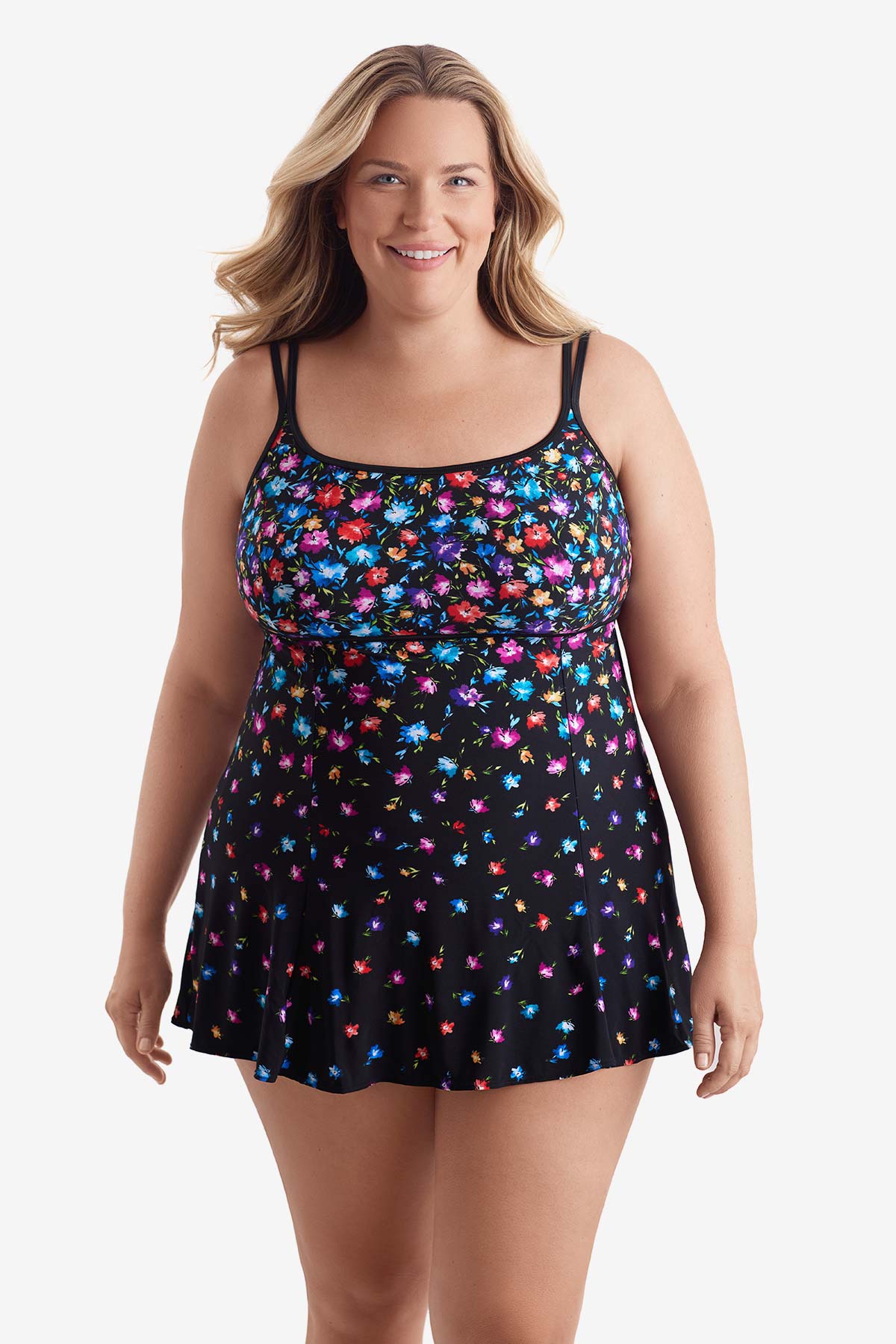 Woman wearing a multicolored floral printed pattern swim dress