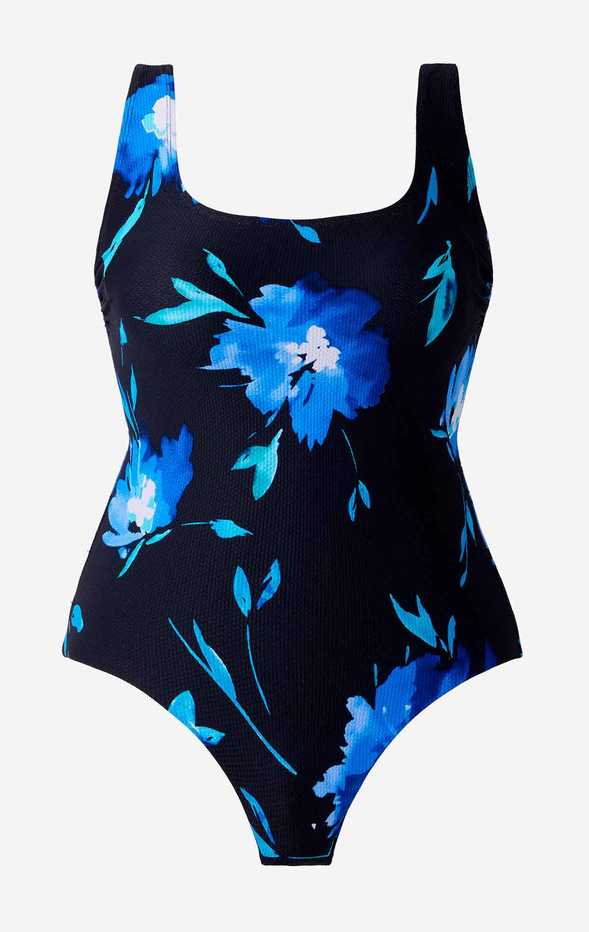 Large blue floral printed one-piece swimsuit