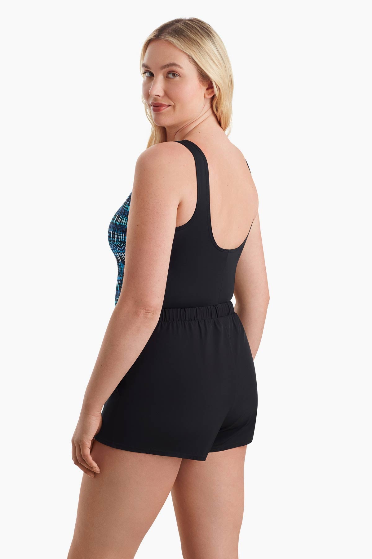 Woman turned left to show detail of swimsuit