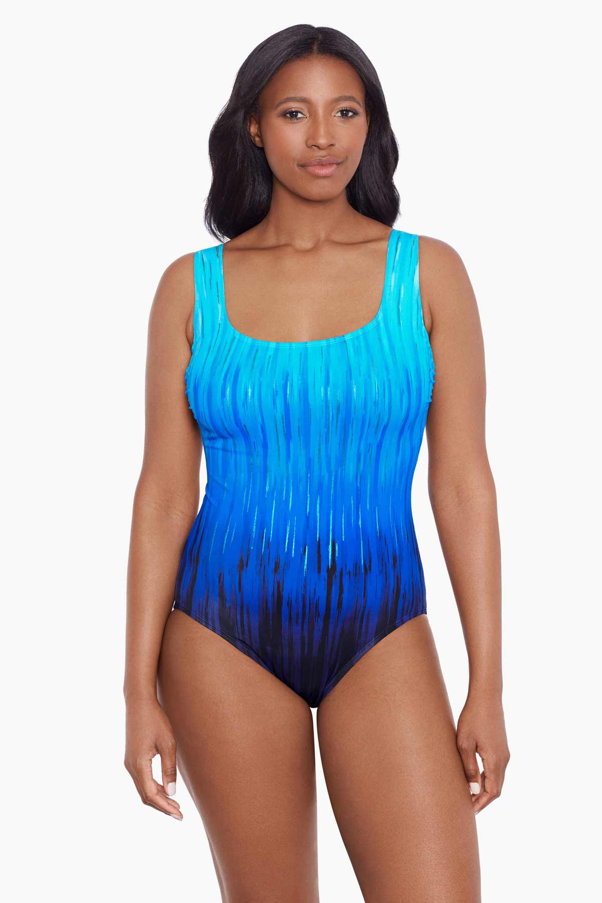 Woman wearing a blue ombre streaky pattern one piece swimsuit