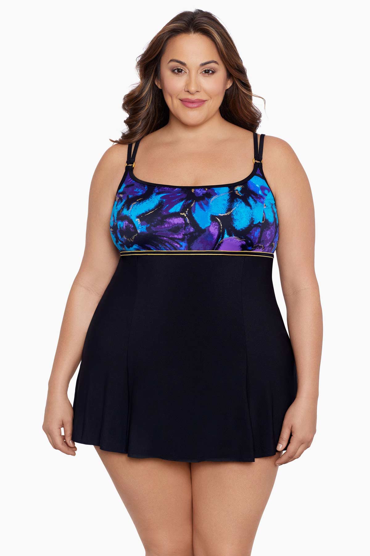 Woman wearing a blue and gold floral printed at the bust black swim dress