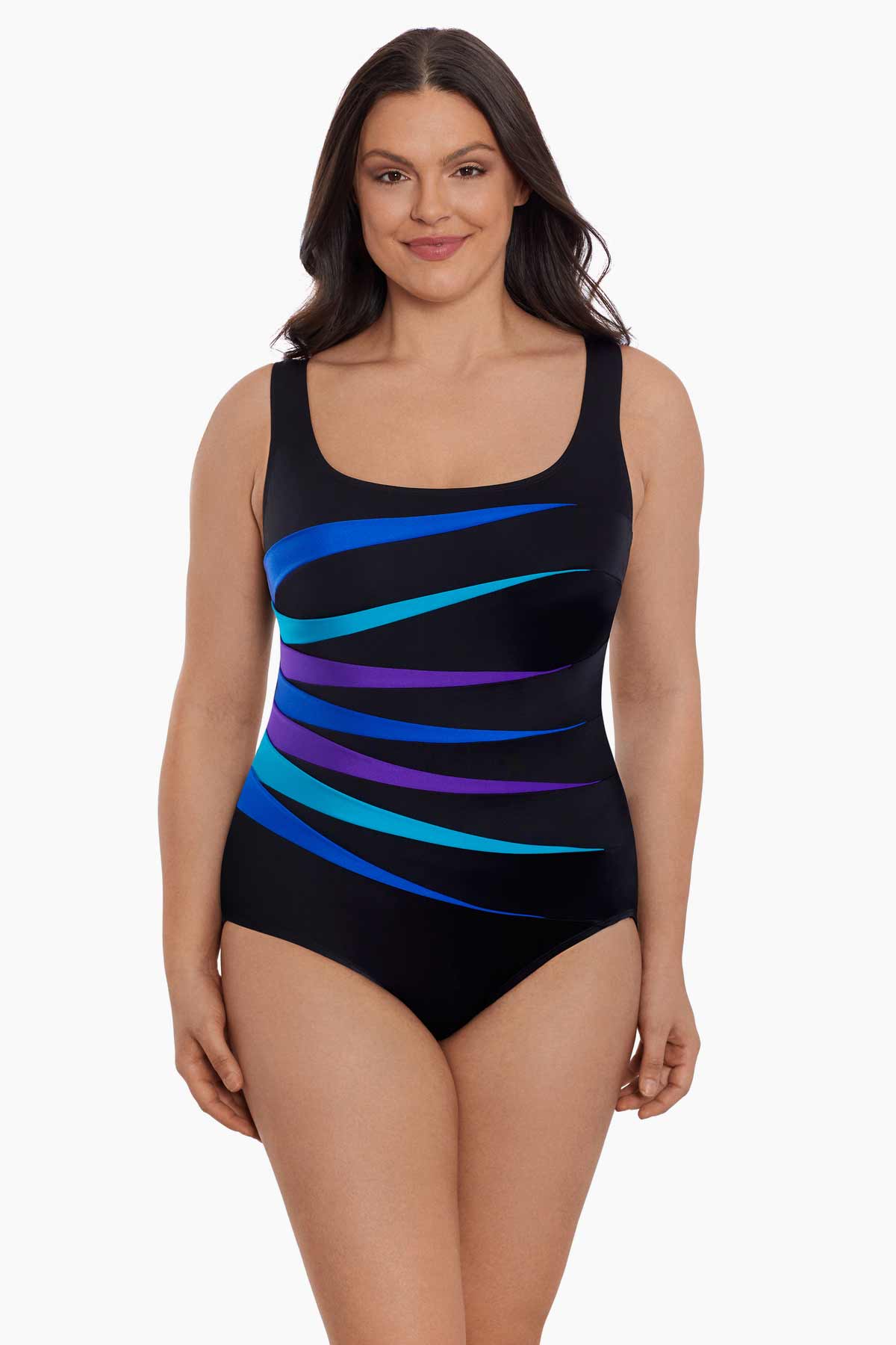Woman wearing a black swimsuit with blue streaks down the front