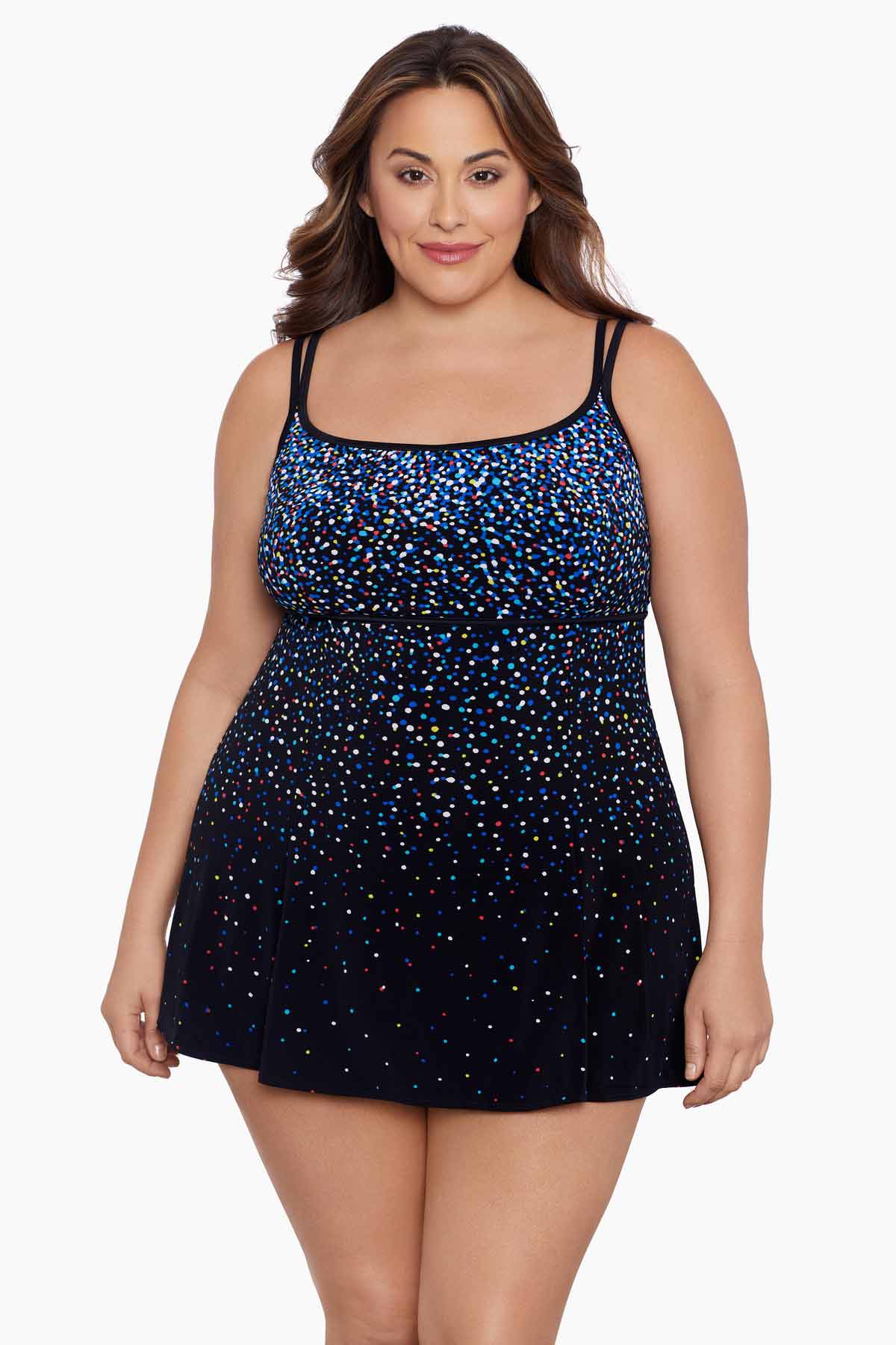 Woman wearing a multicolored speckled pattern black swim dress
