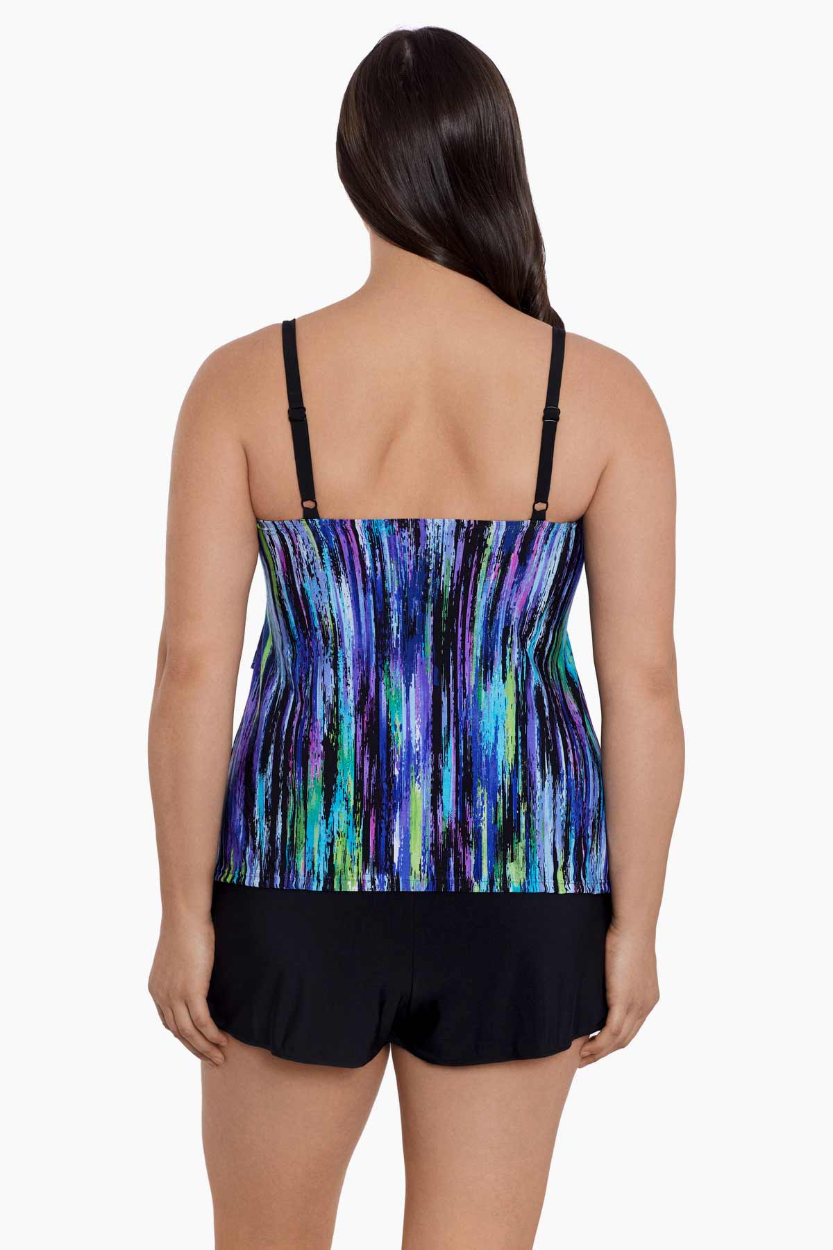 Woman faced away wearing a multicolored streak printed ruffled swim shortini