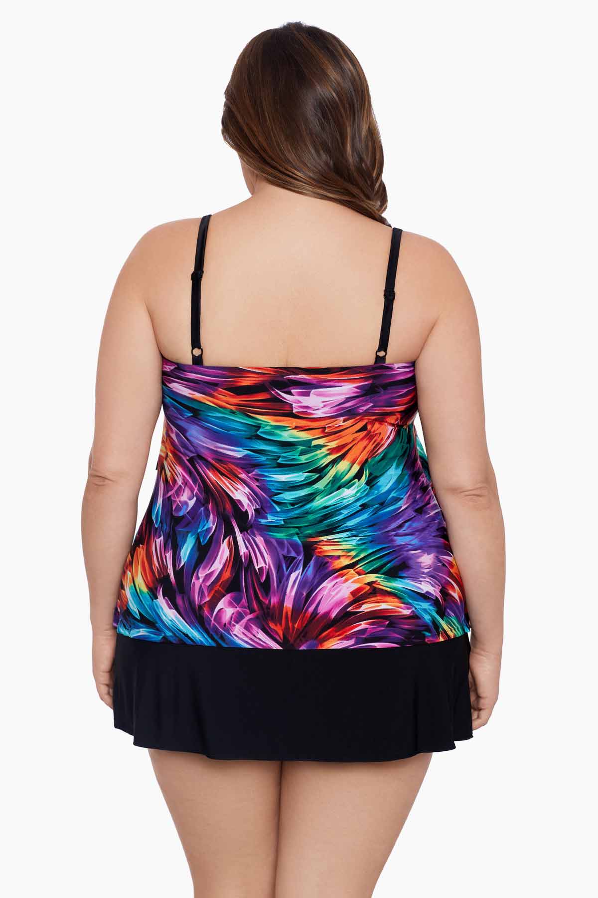 Woman turned away wearing a rainbow ribbon printed ruffle skirtini swimsuit