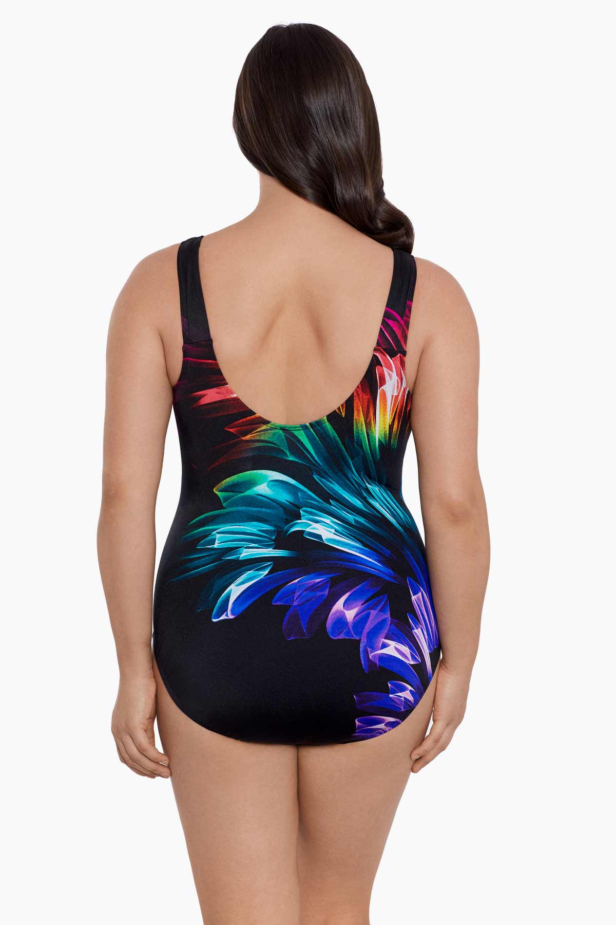 Woman turned away wearing a rainbow ribbon printed one-piece swimsuit