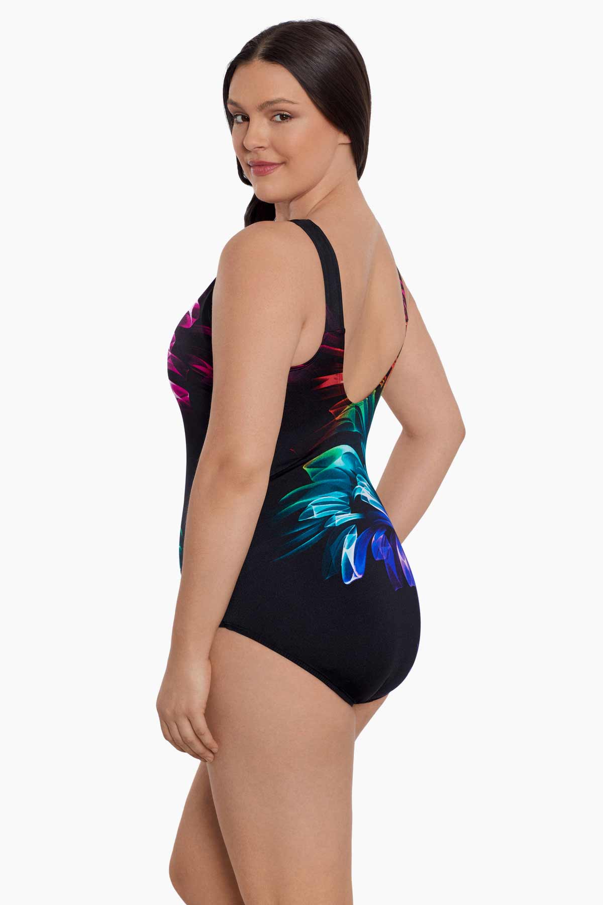 Woman turned left wearing a rainbow ribbon printed one-piece swimsuit