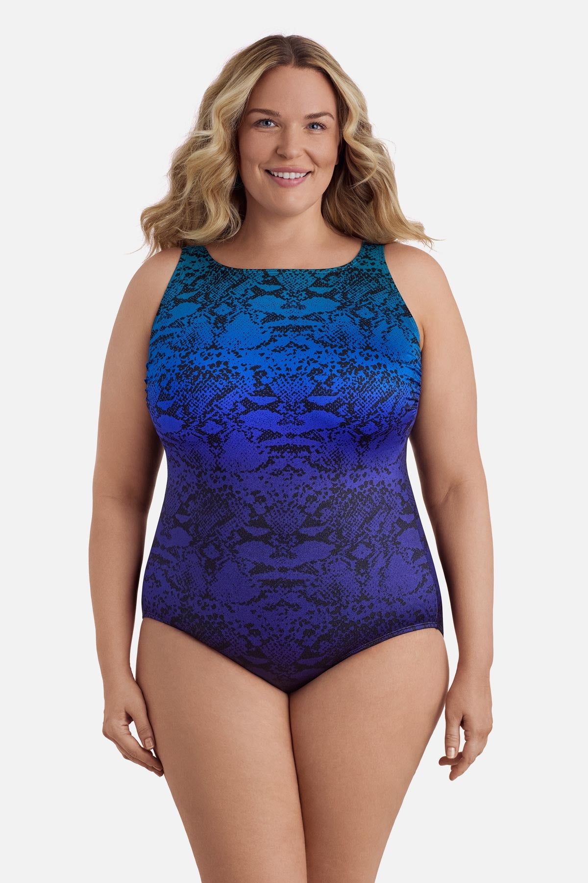 Woman wearing a blue ombre animal-esque printed one-piece swimsuit