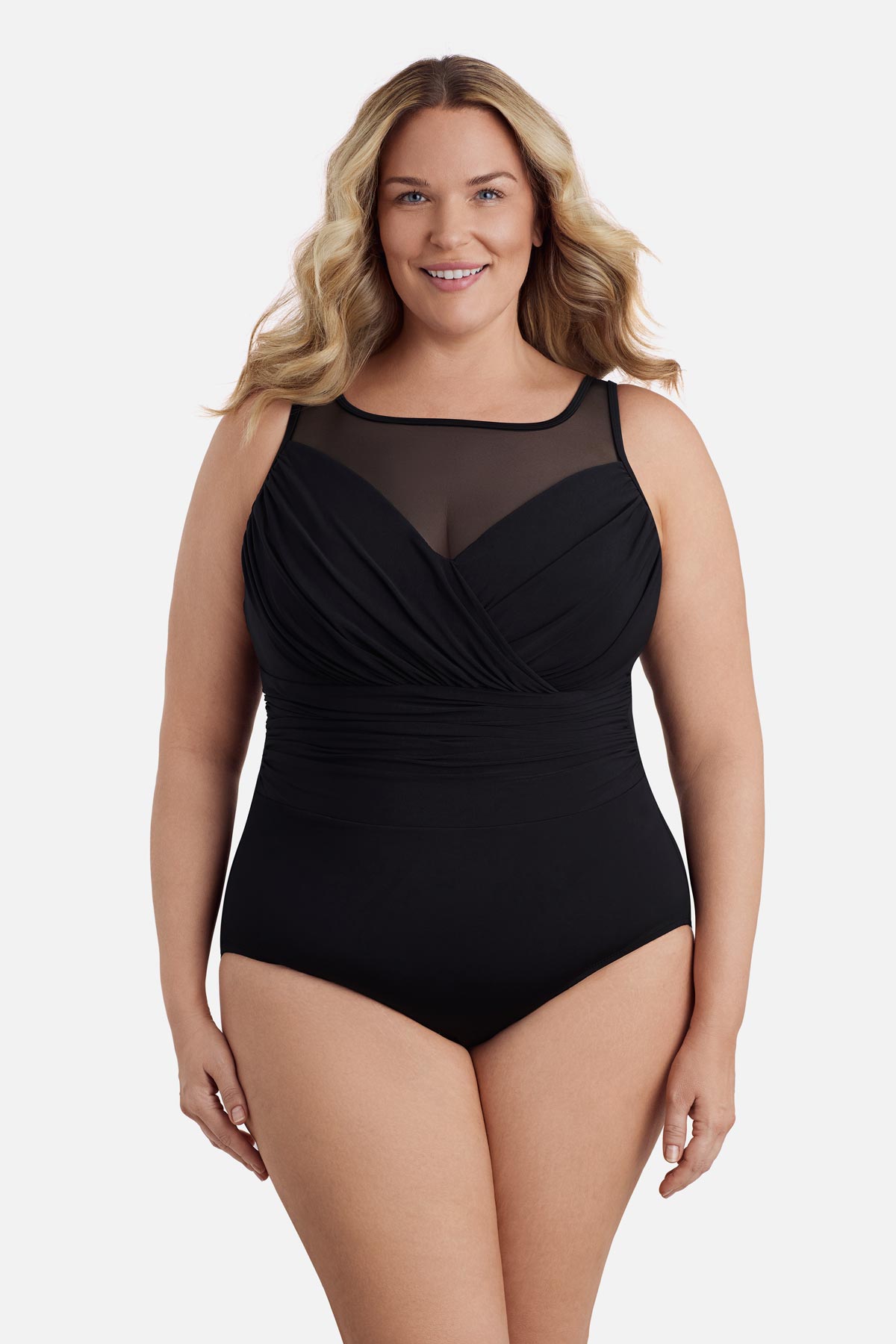 Woman wearing a black mesh high neck one-piece swimsuit