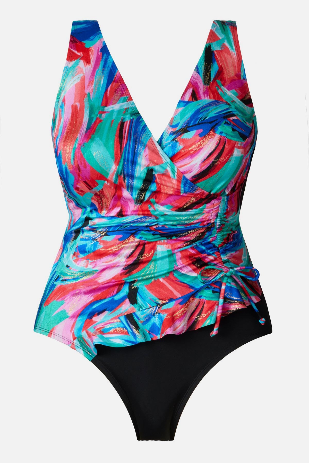 Multicolored abstract printed one-piece swimsuit with a side tie detail