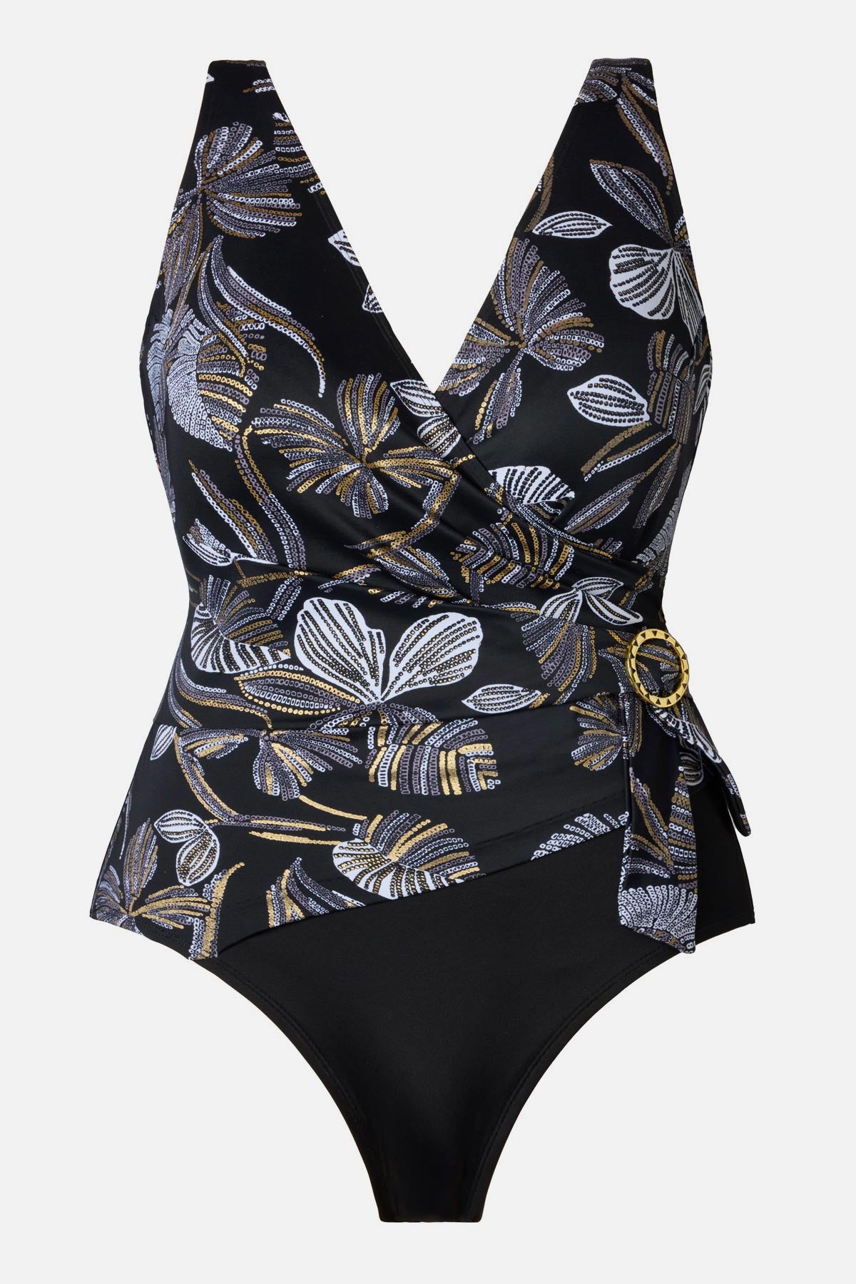 White and gold floral pattern one piece with a v-neck
