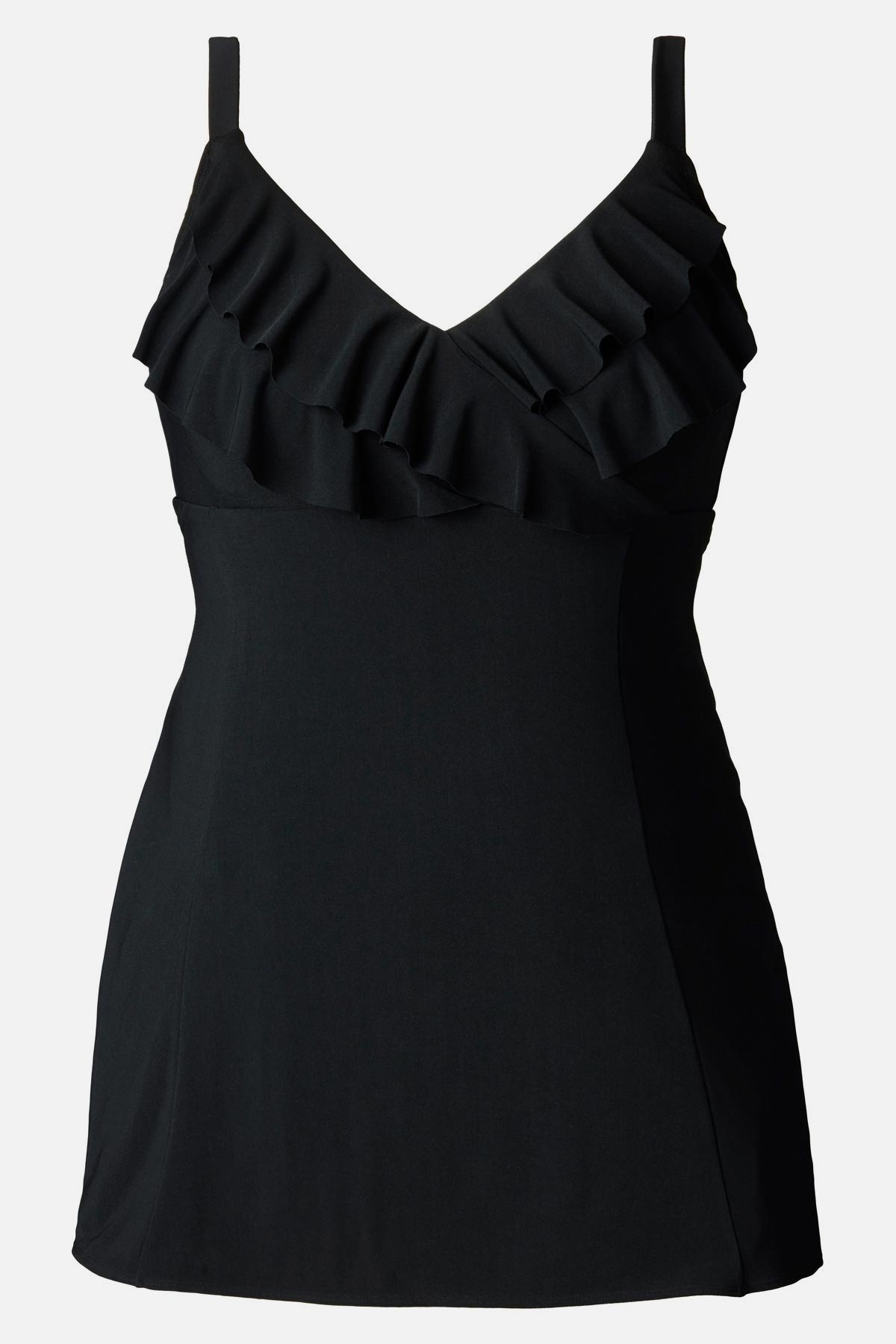Black swim dress with ruffles on the neckline