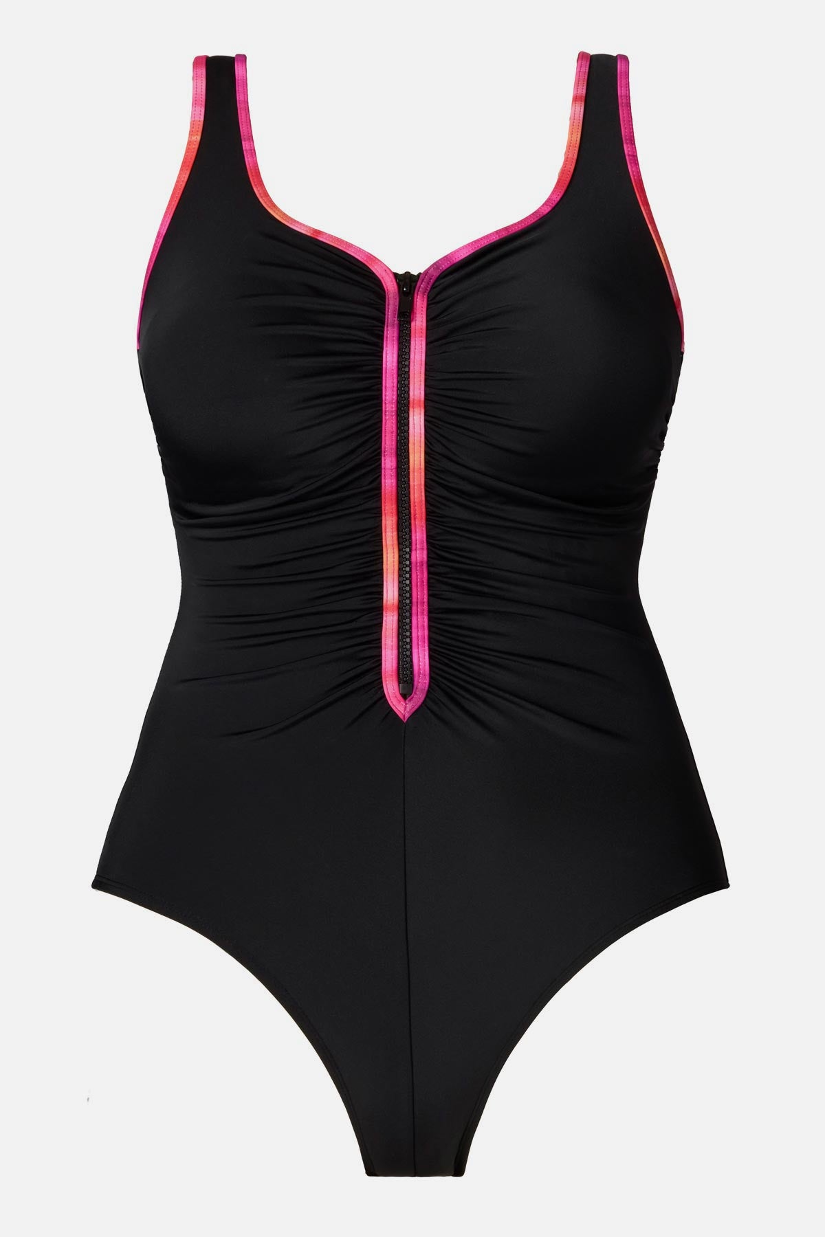 Black one-piece swimsuit with pink piping on the edges