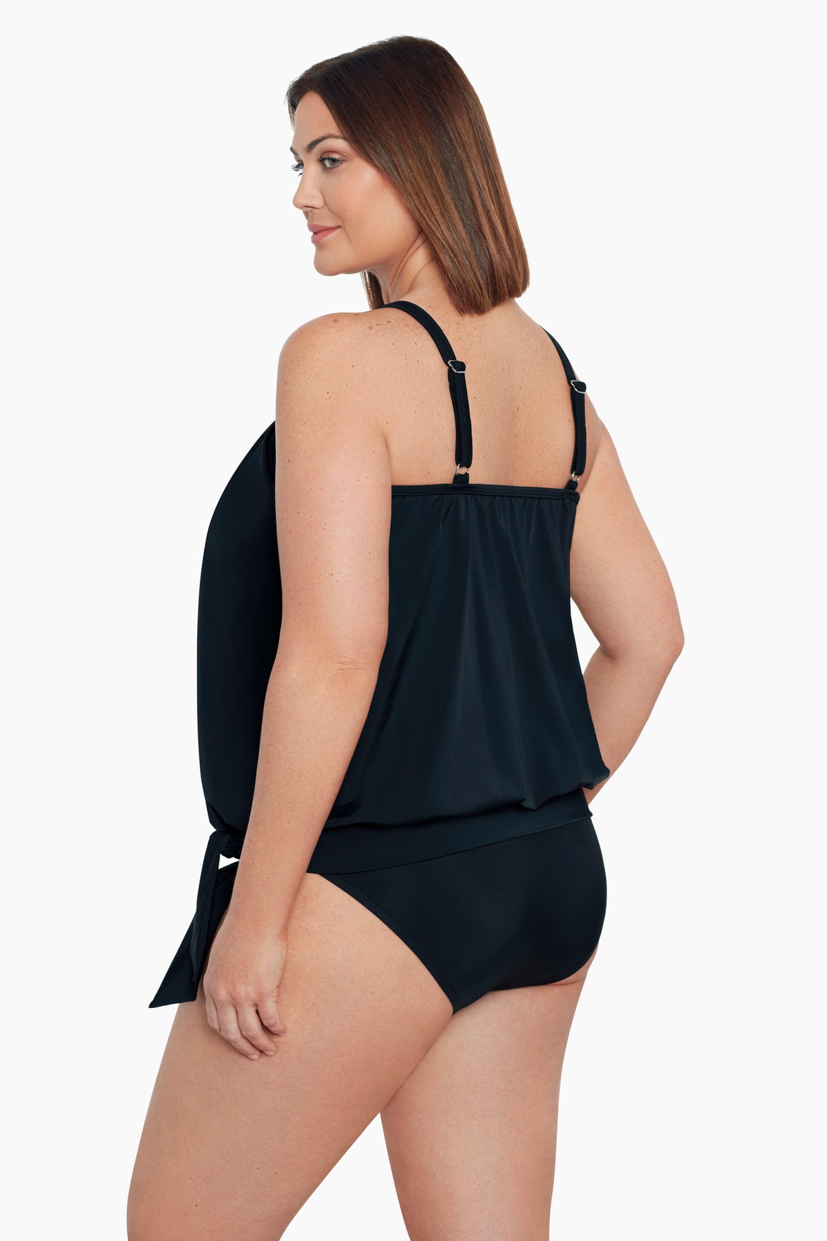 Woman turned left wearing a black high neck blouson tankini top