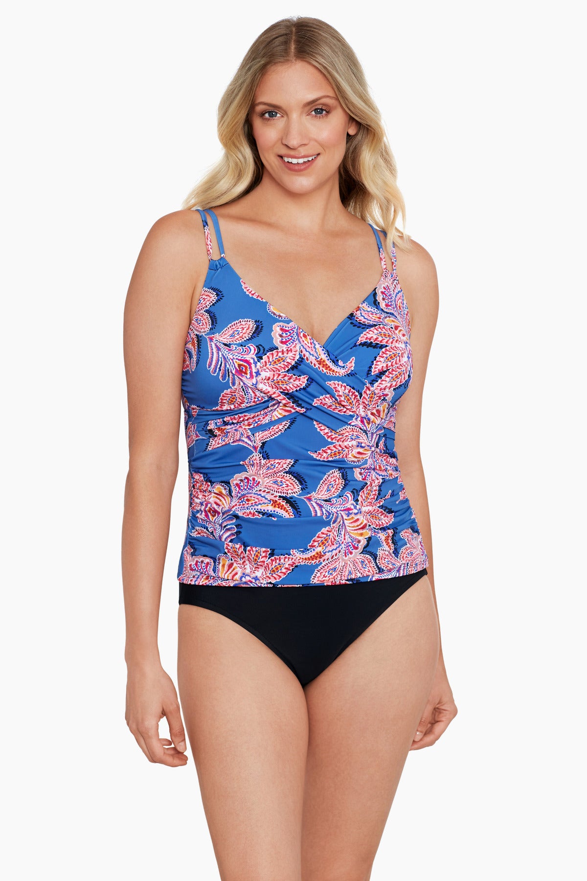 Woman wearing a multicolored paisley printed V neck tankini top