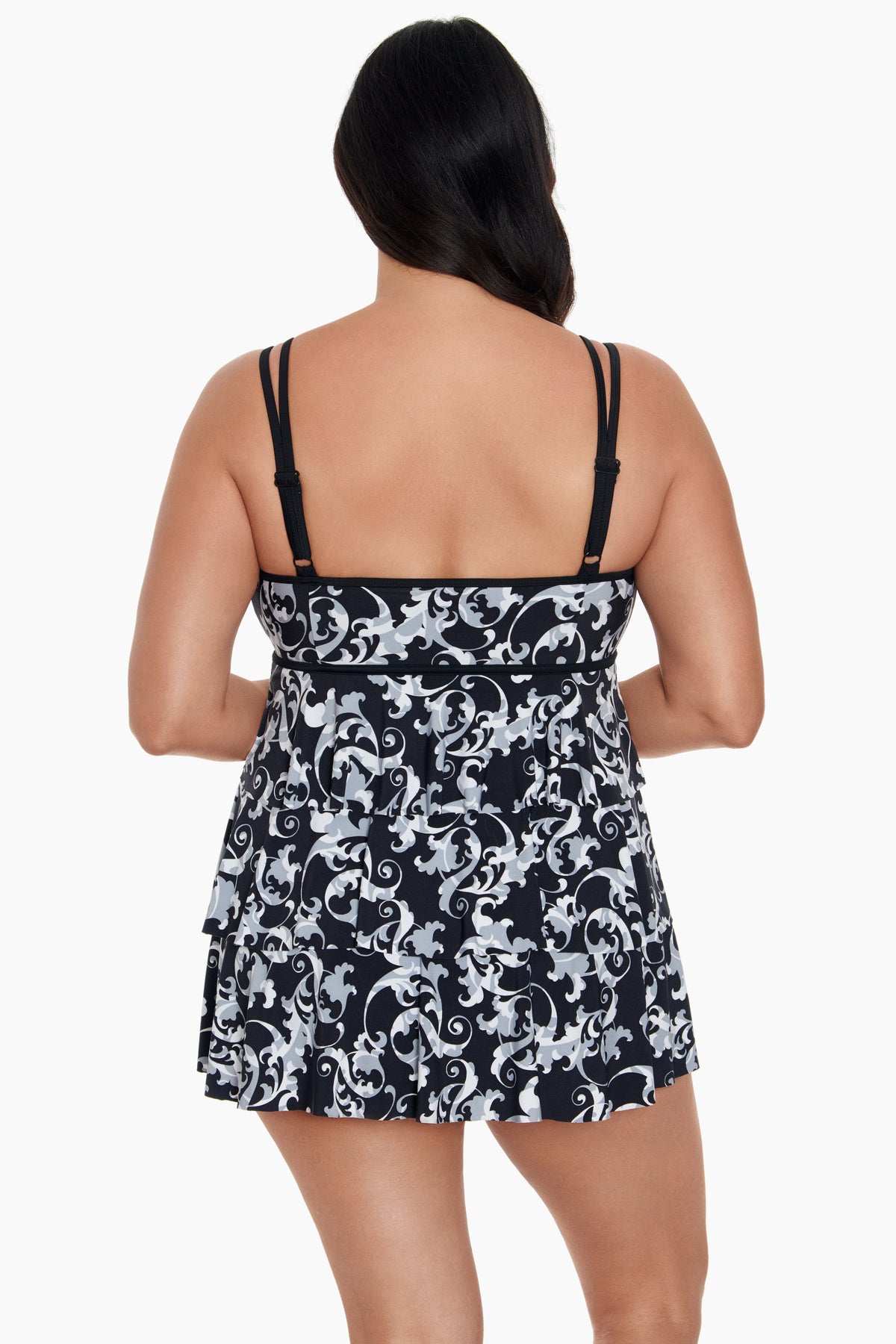 Back of Triple Tier Swim Dress in Caprice