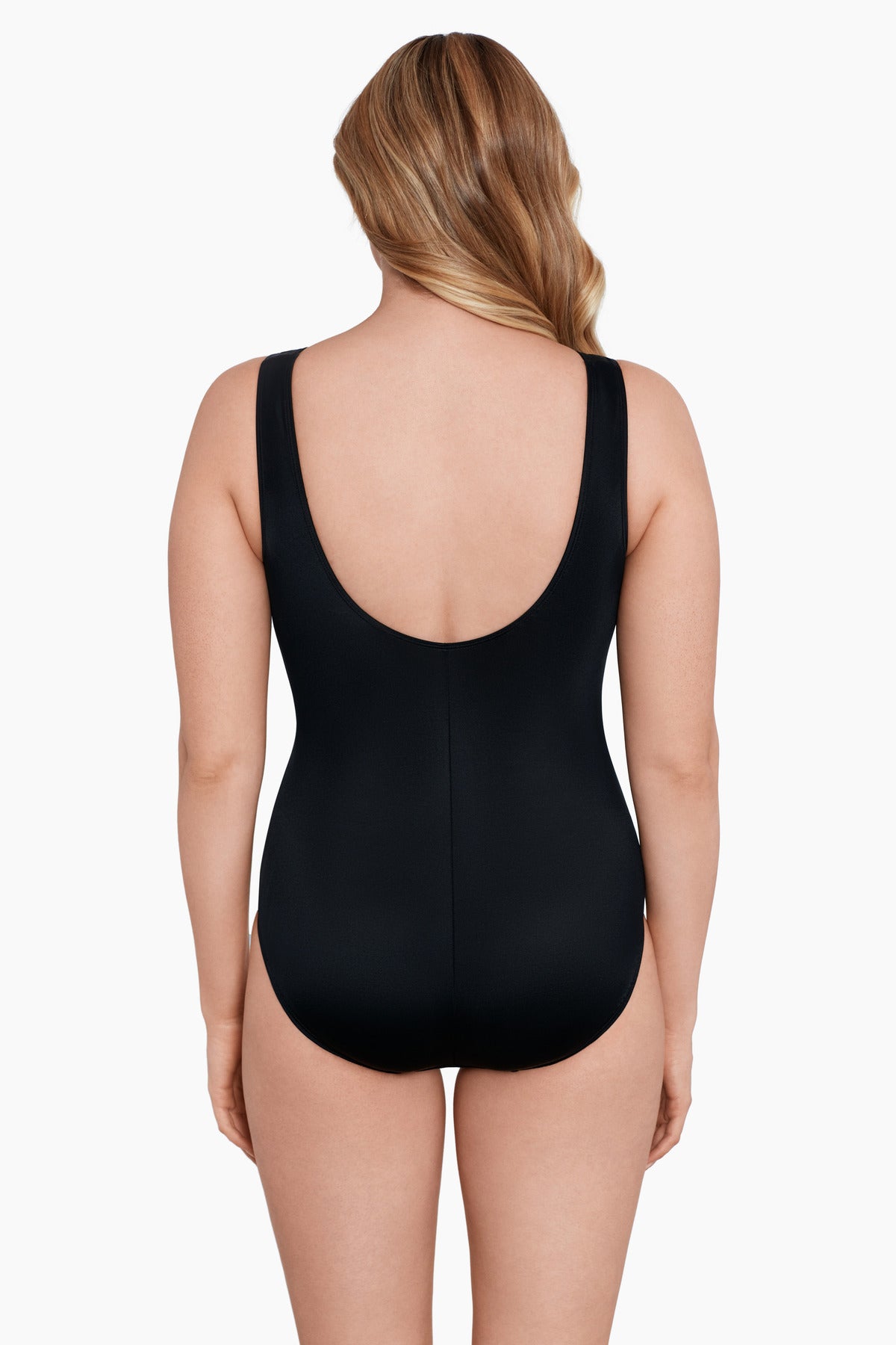 Woman turned away wearing a multi printed chain and animal printed bodice one-piece swimsuit