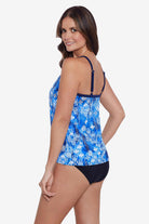 Woman faced left wearing a blue and white abstract pattern flowy high neck tankini top