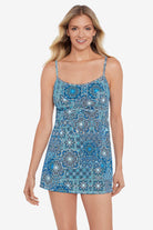 Woman wearing a blue tile pattern swim dress