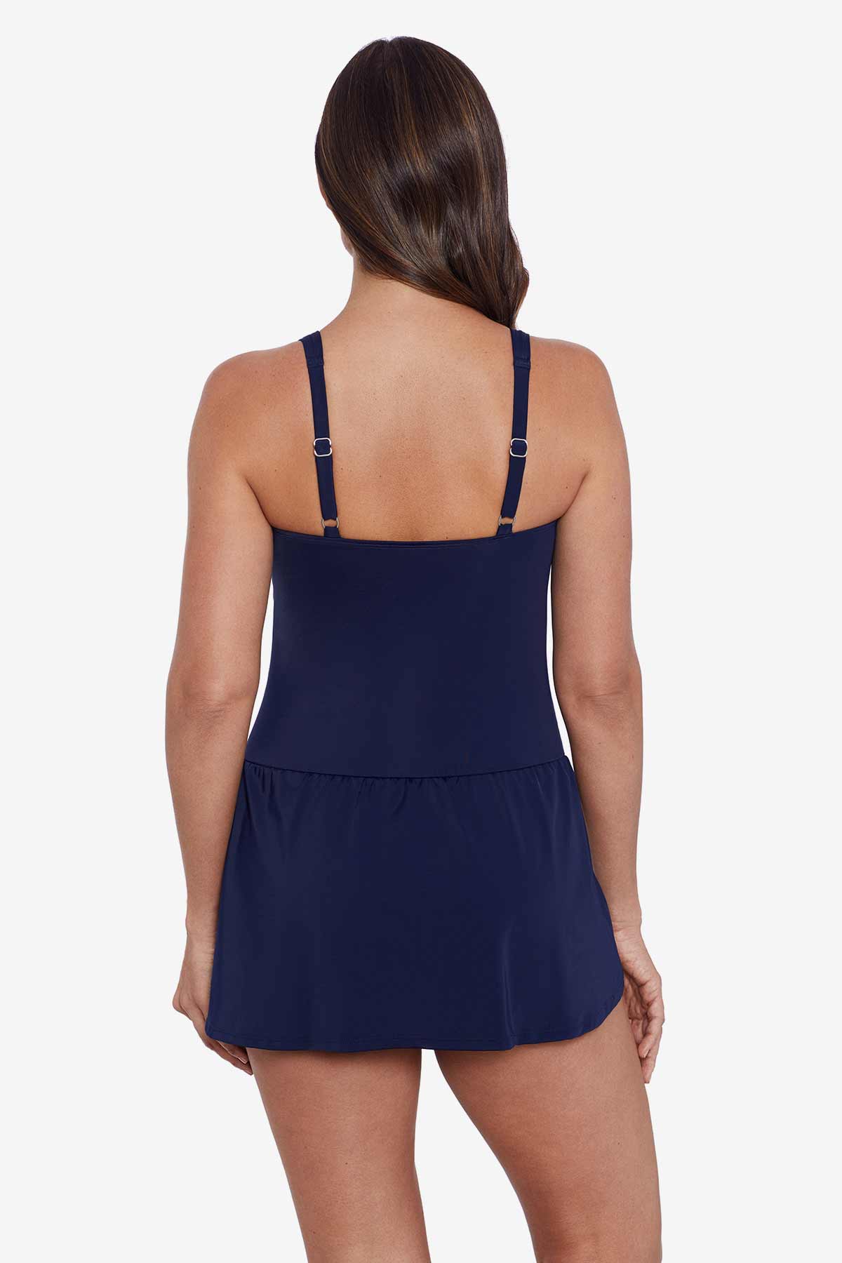 Woman faced away wearing a swim skater dress