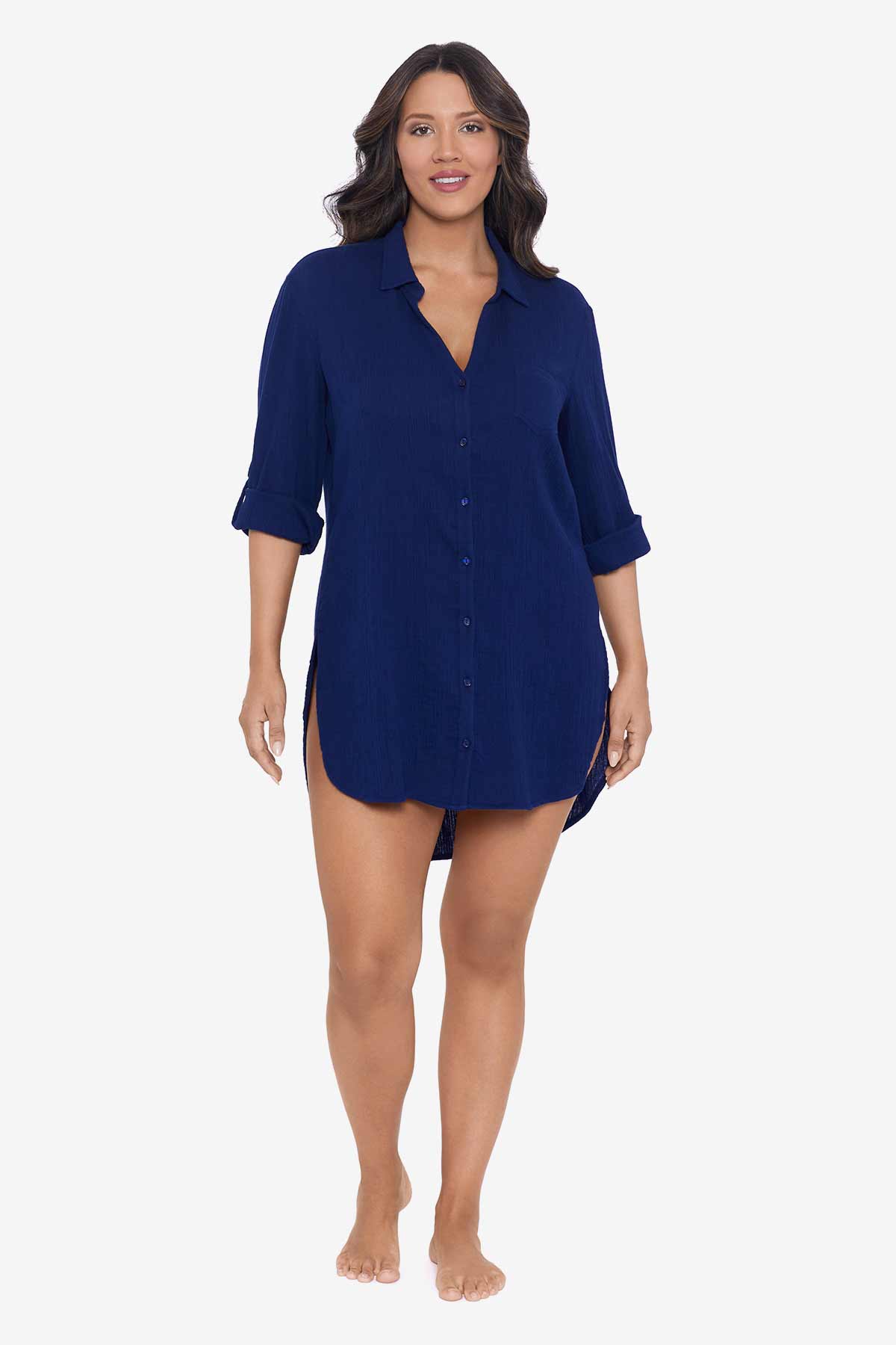 Woman wearing a navy-blue shirt dress swim cover up