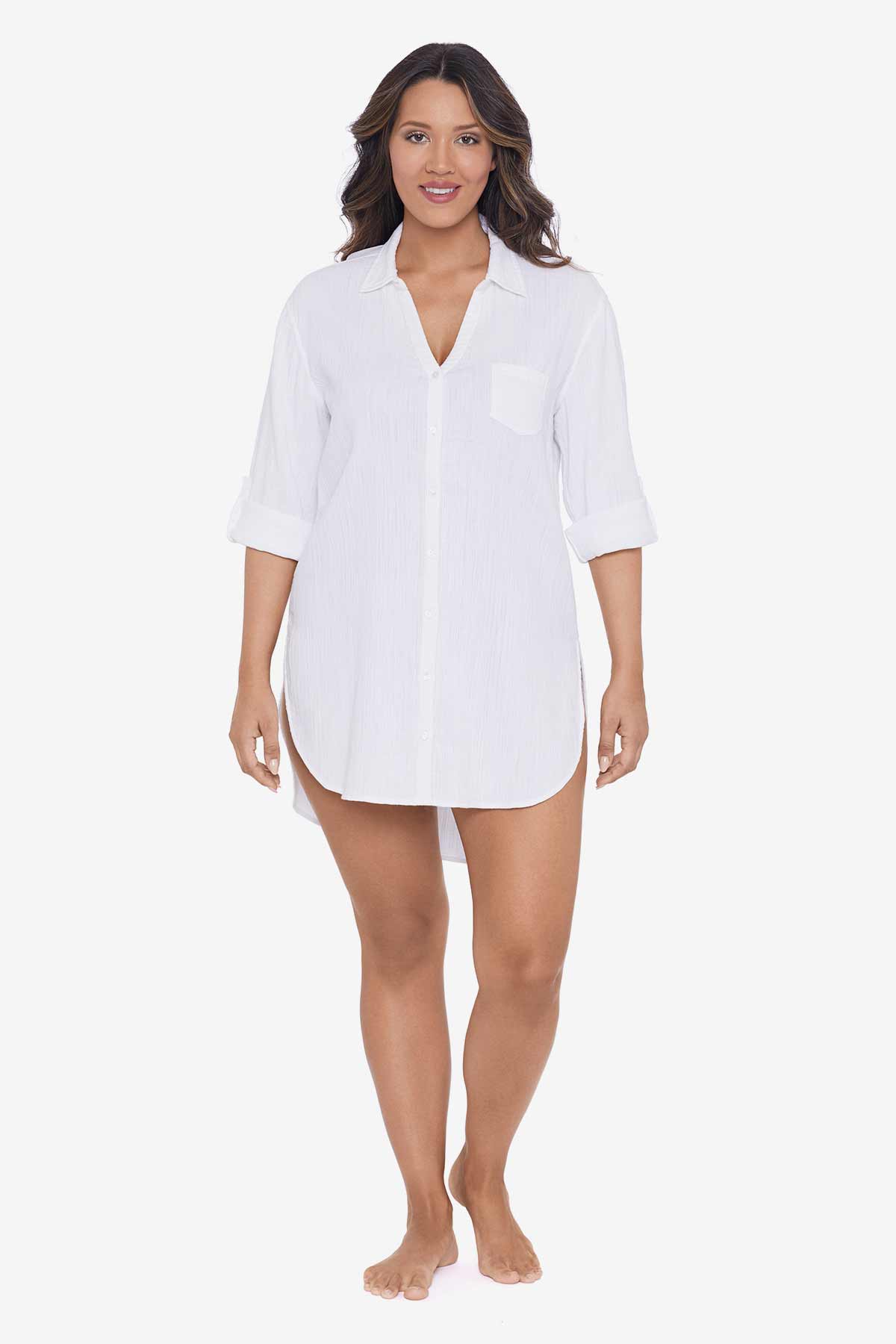 Woman wearing a white shirt dress swim cover up
