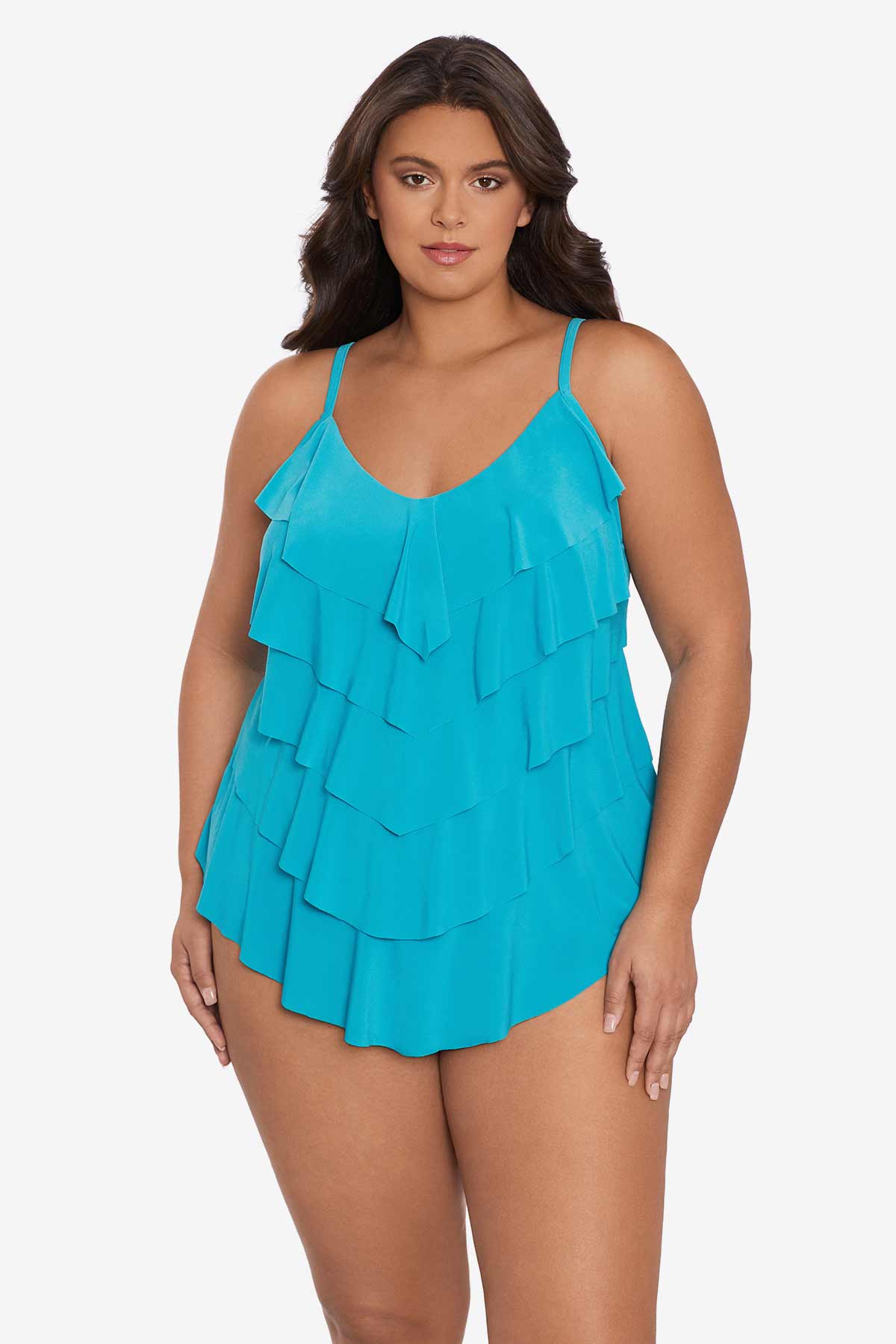 Woman wearing a light blue tankini top with ruffles