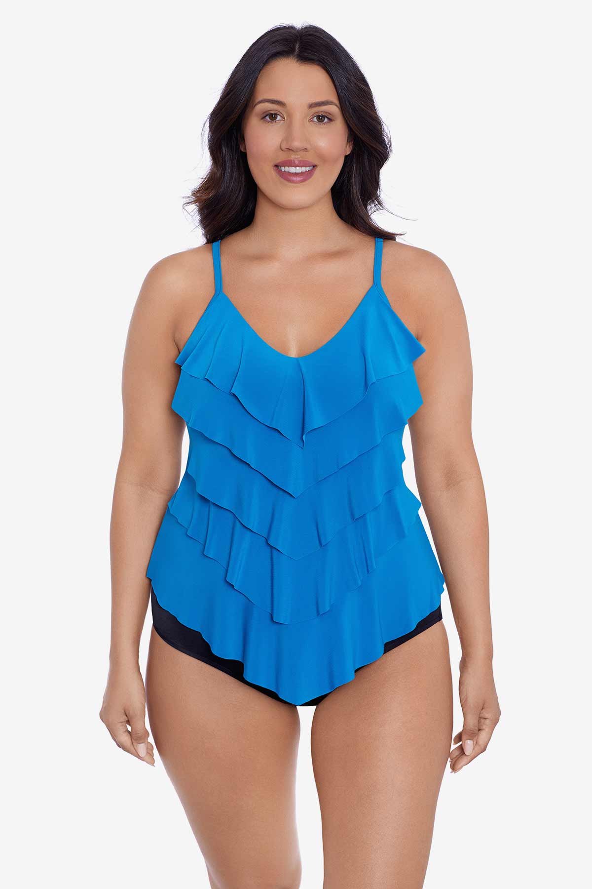 Woman wearing a blue tankini top with ruffles