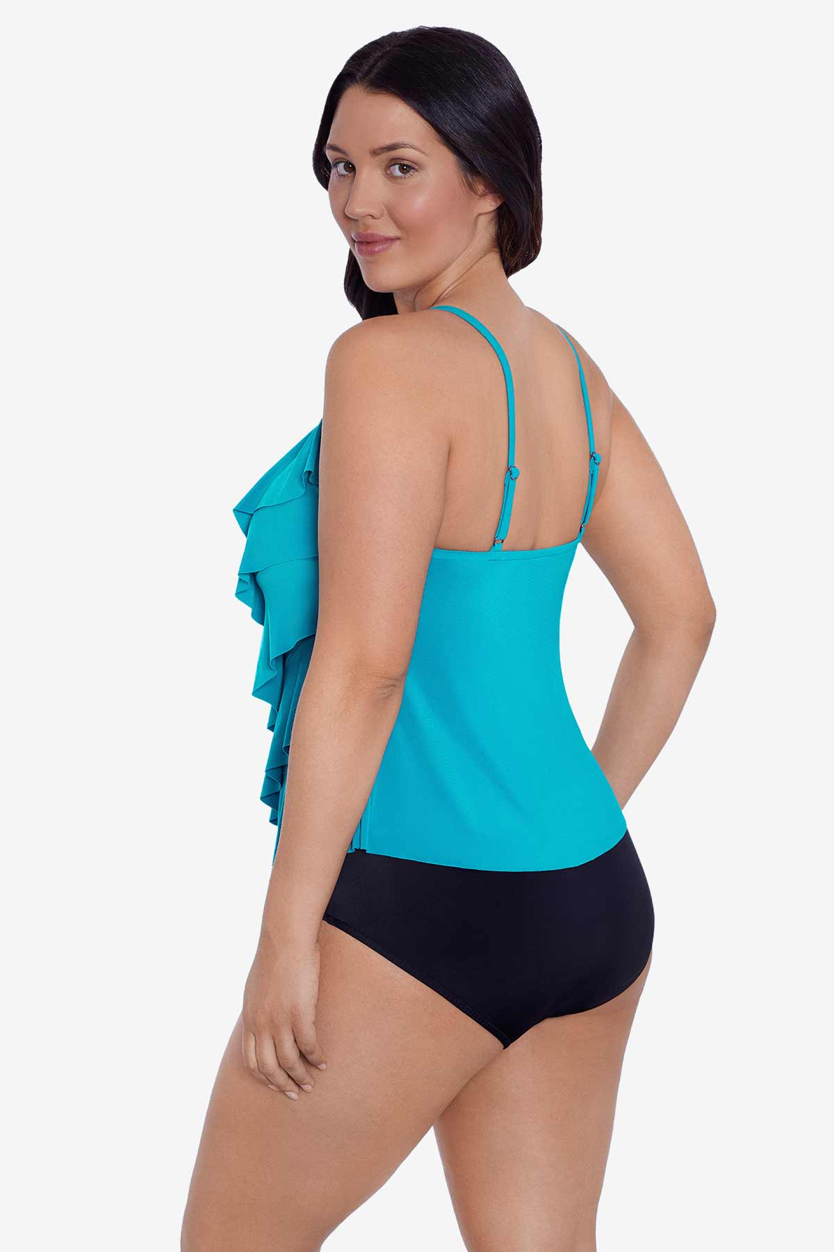 Woman faced left wearing a light blue tankini top with ruffles