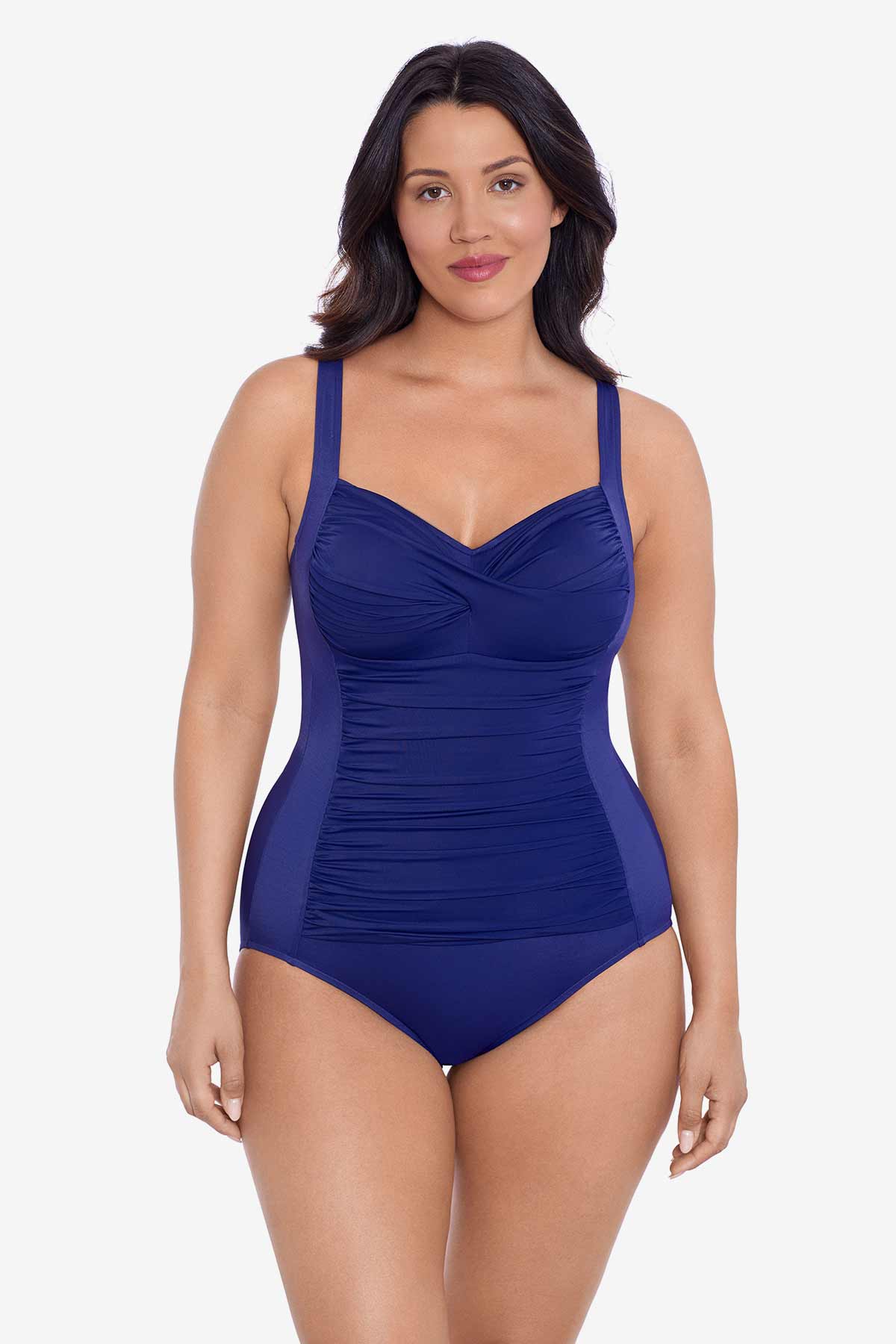 Woman wearing a navy-blue one-piece swimsuit