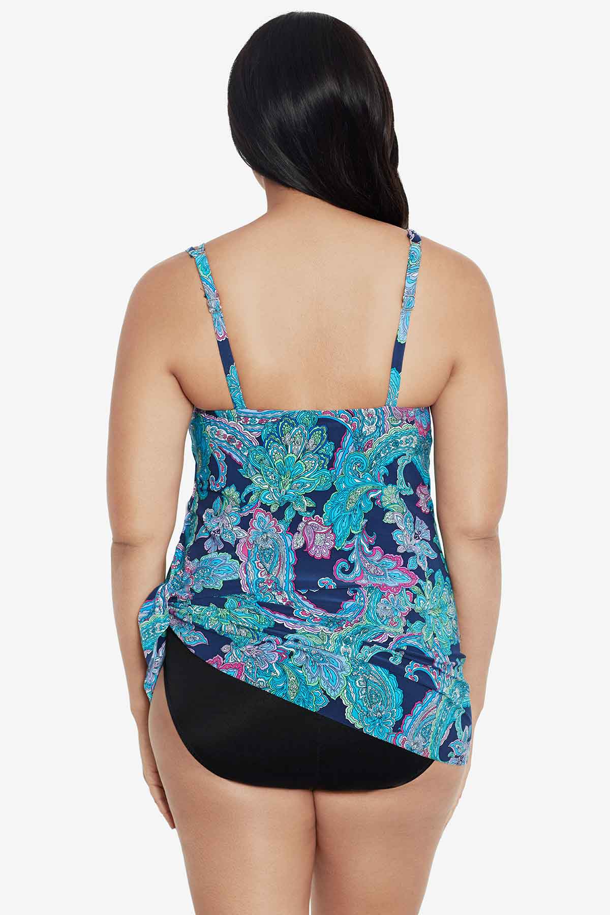 Woman turned away wearing a paisley printed swim dress 