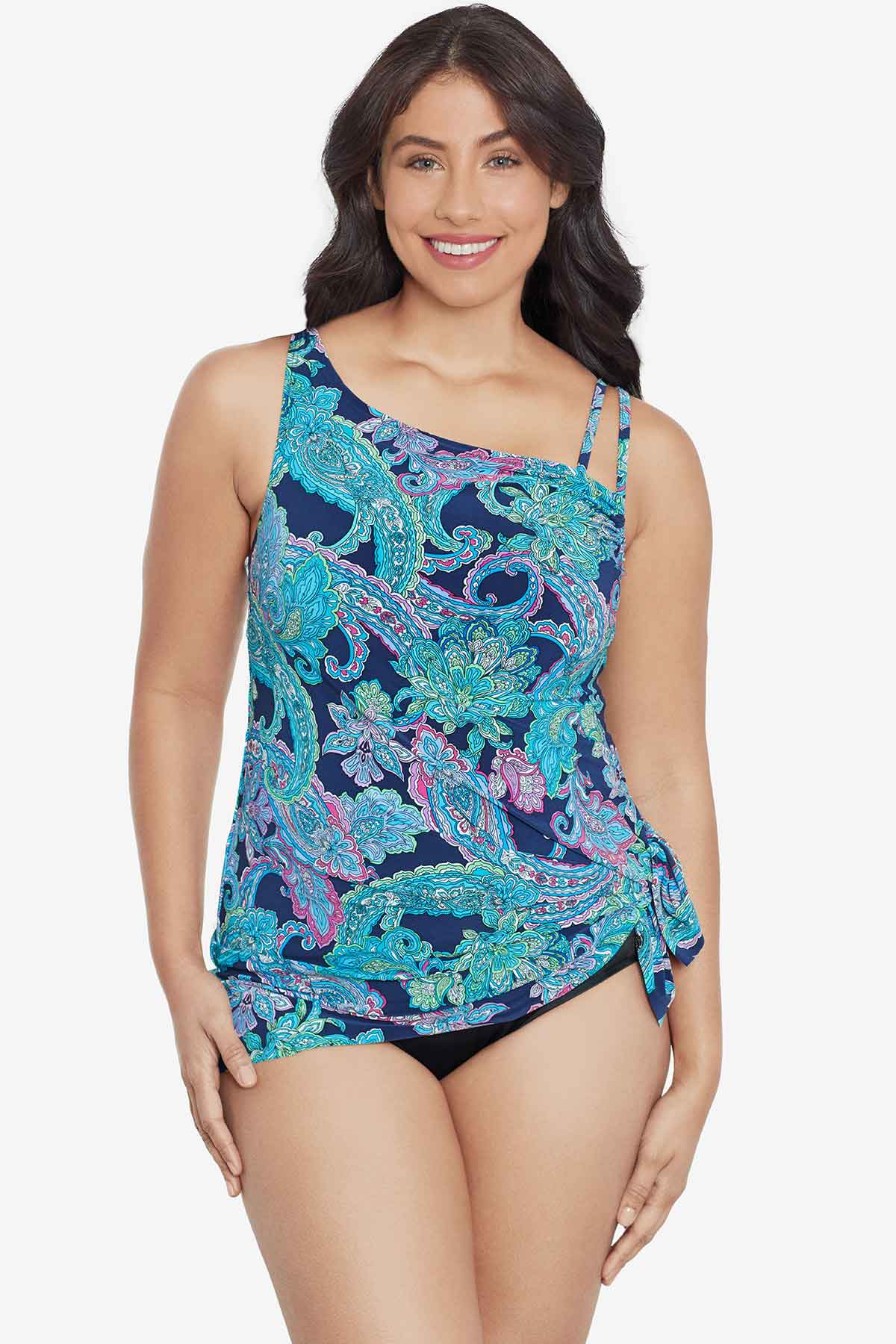 Woman wearing a paisley printed swim dress 