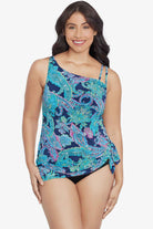 Woman wearing a paisley printed swim dress 