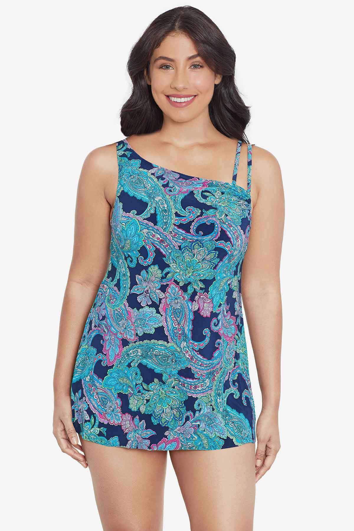 Woman wearing a paisley printed swim dress 