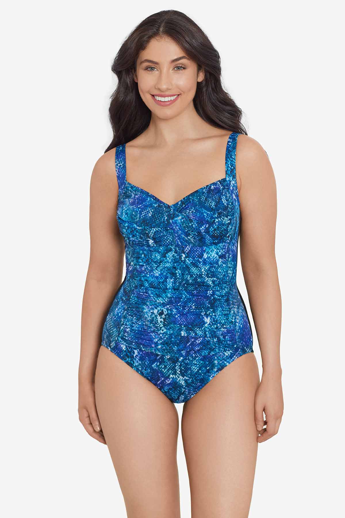 Woman wearing a blue abstract printed one-piece swimsuit