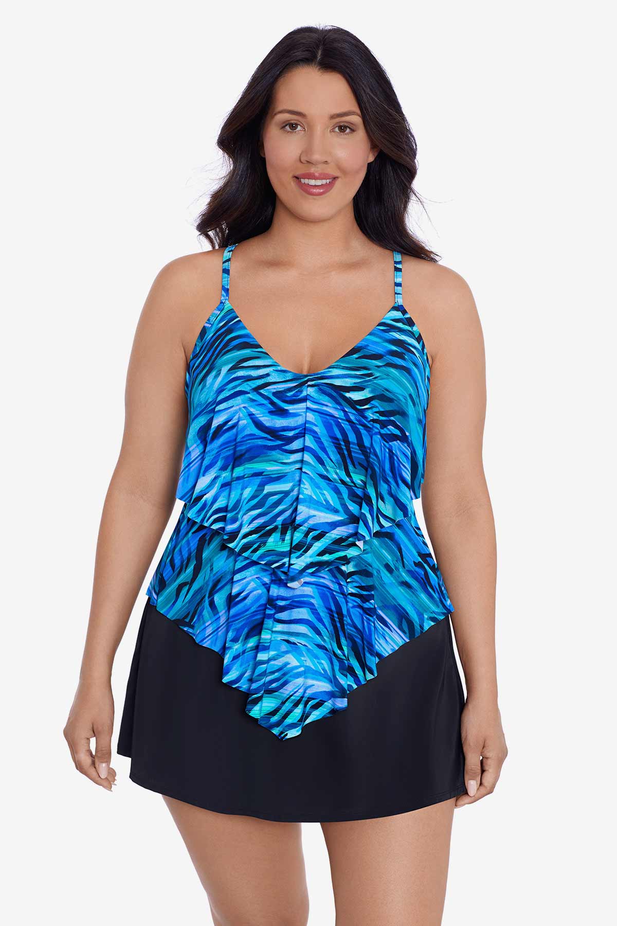 Woman wearing a blue wave printed tankini top