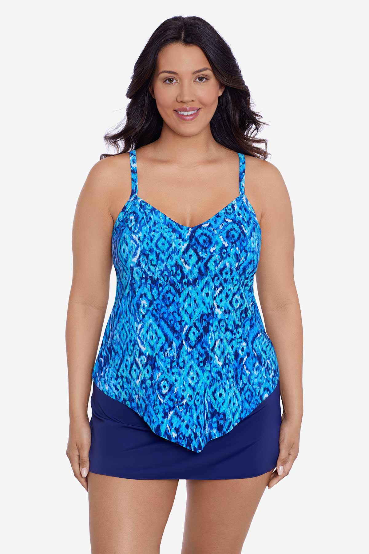 Woman wearing a blue diamond printed tankini top