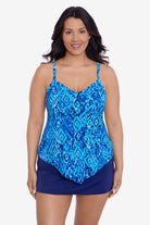 Woman wearing a blue diamond printed tankini top