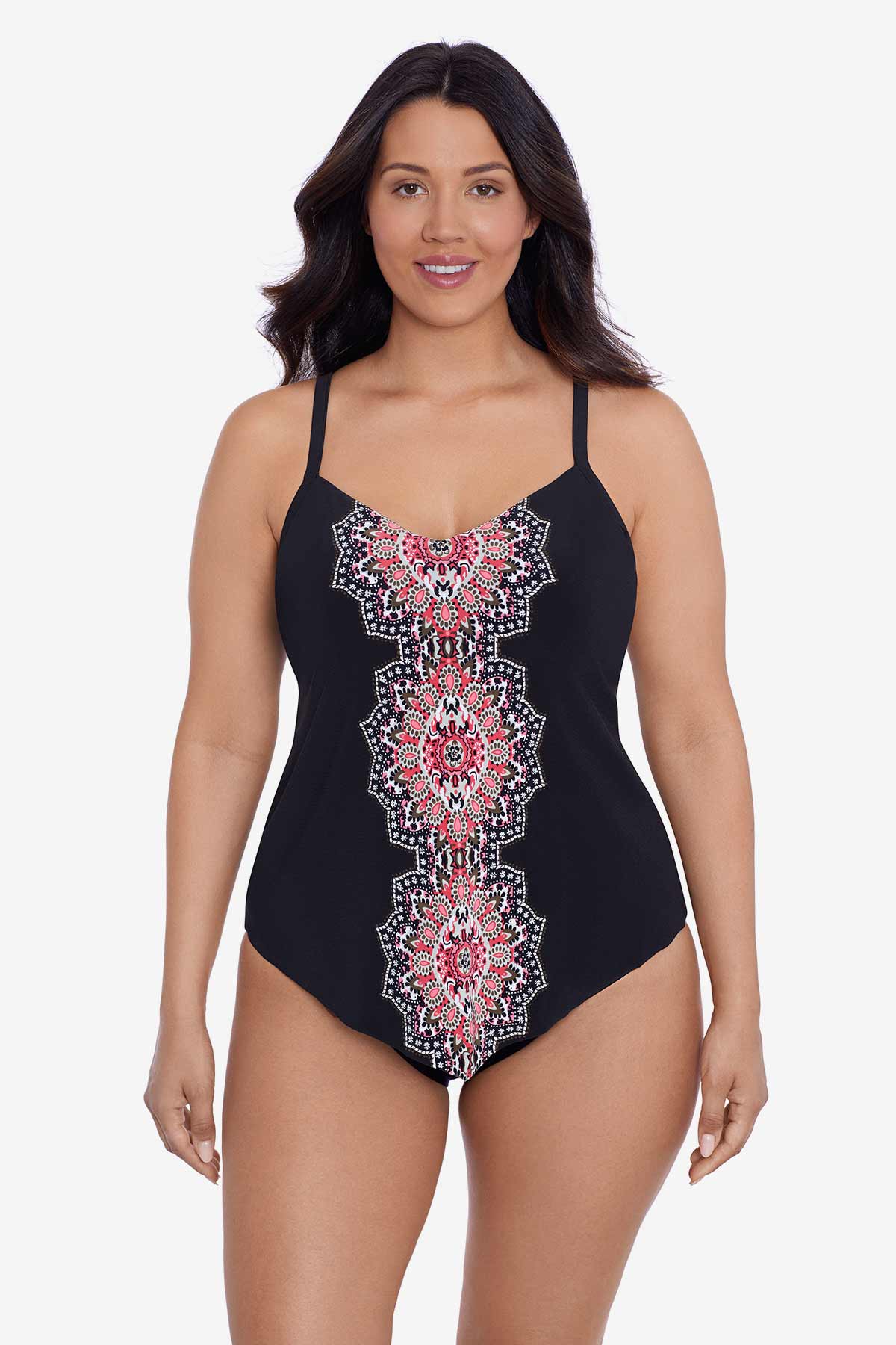 Woman wearing a black tankini top with a red and white tile pattern down the front