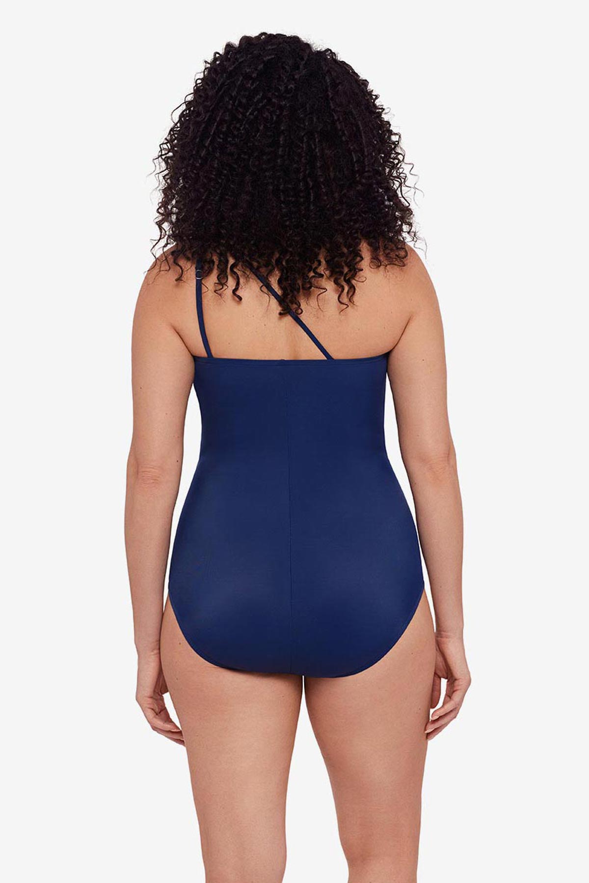 Woman faced away wearing a blue  one-piece swimsuit