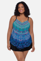 Woman wearing a blue tie dye tankini top