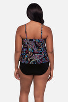 Woman turned away wearing a multicolored paisley printed tankini top with ruffles